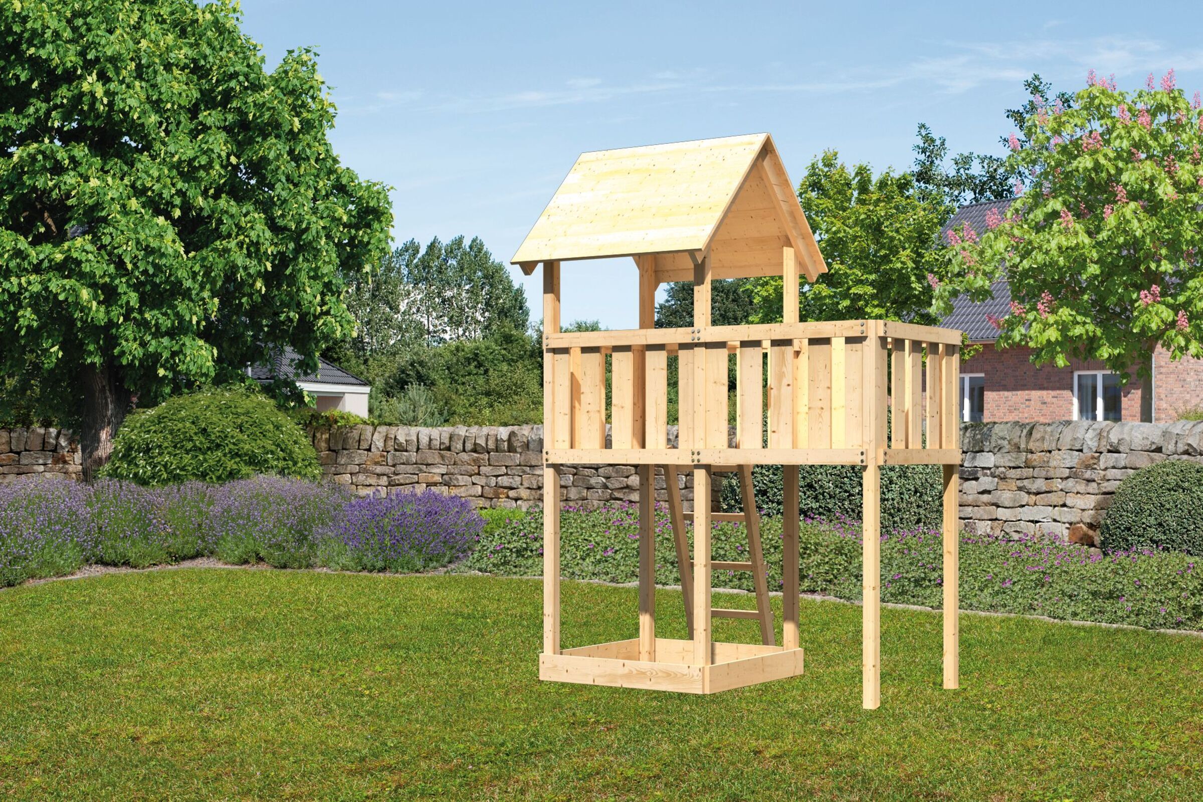 KARIBU Lotti Spielturm, naturbelassen, nordische Fichte, 107x107x291cm, mit Anbauplattform