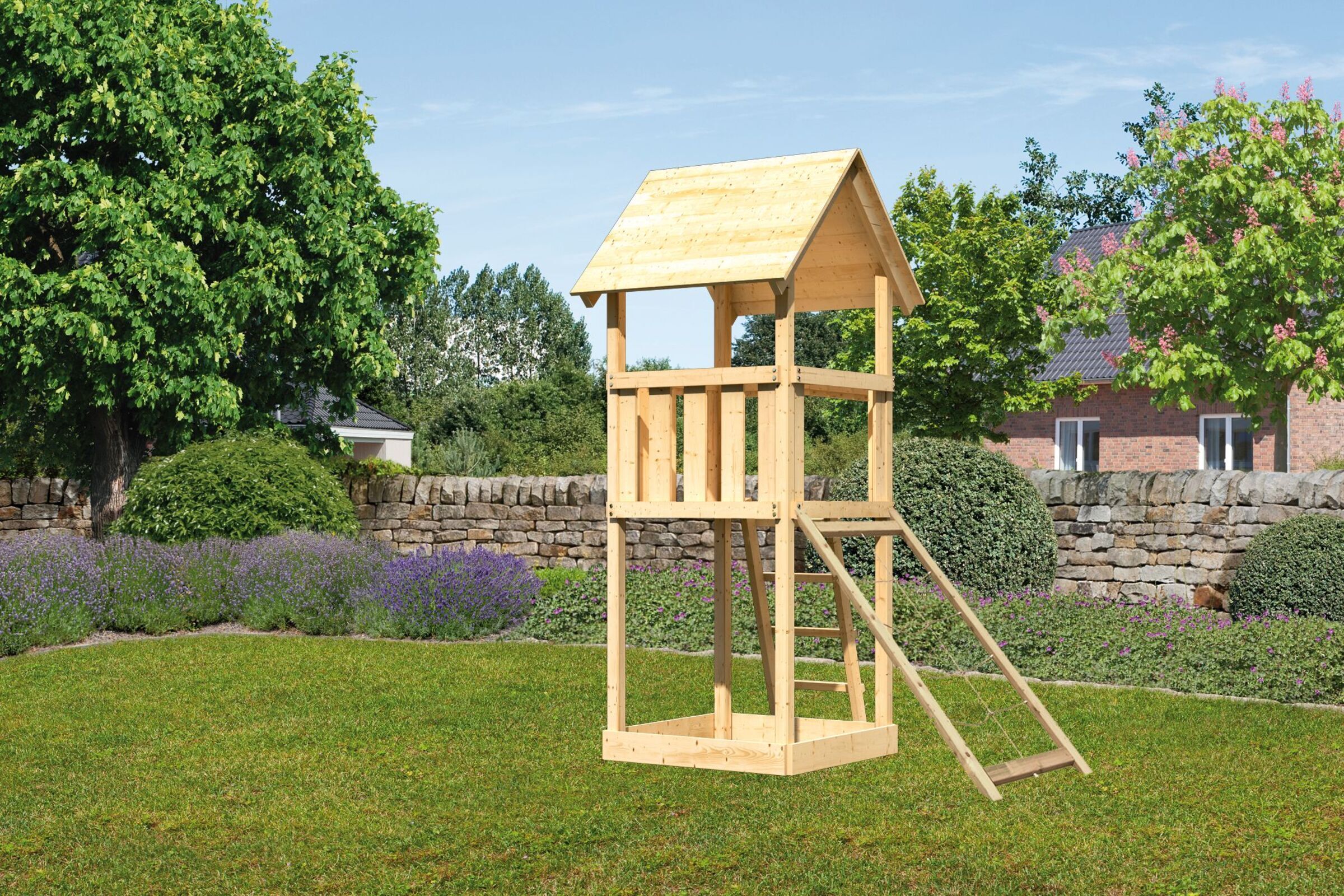 KARIBU Lotti Spielturm, naturbelassen, nordische Fichte, 107x107x291cm, mit Netzrampe