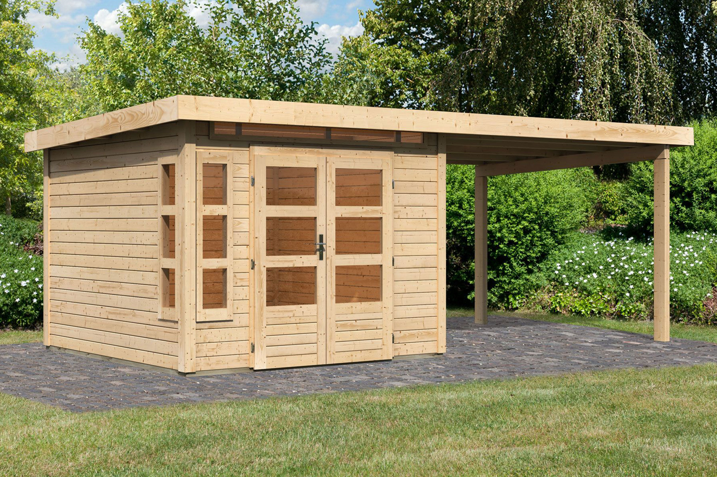 KARIBU Gartenhaus Kastorf 6, naturbelassen, Fichtenholz 28mm, 612 x 274 x 222 cm, Flachdach, Anbau 3,2m