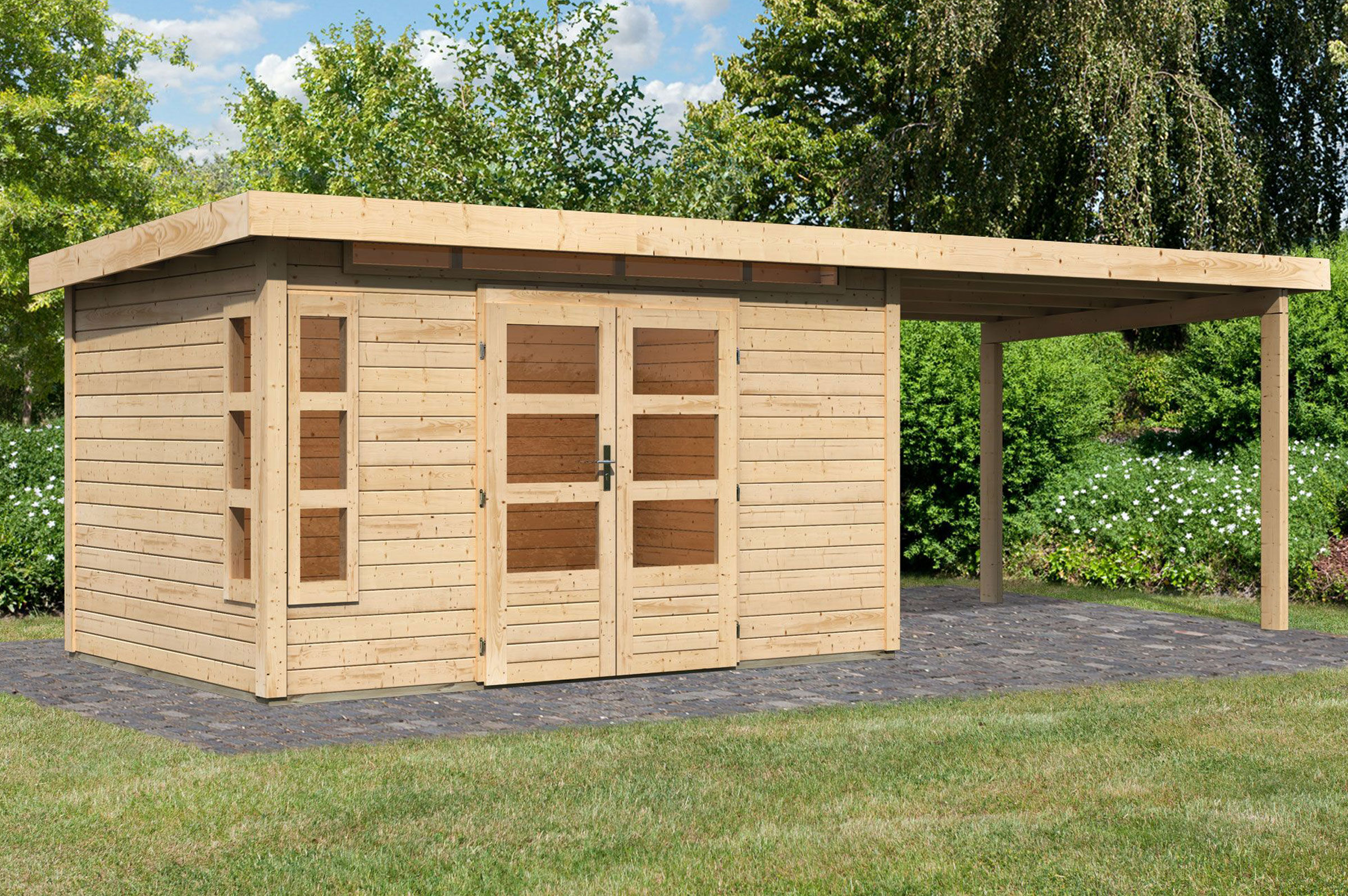 KARIBU Gartenhaus Kastorf 7, naturbelassen, Fichtenholz 28mm, 702 x 244 x 222 cm, Flachdach, Anbau 3,2m