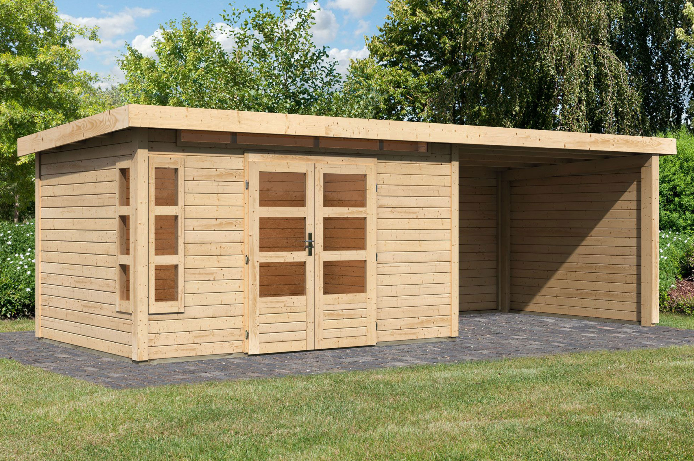 KARIBU Gartenhaus Kastorf7 , naturbelassen, Fichtenholz 28mm, 702 x 244 x 222 cm, Flachdach, Anbau 3,2m mit Rück- und Seitenwand