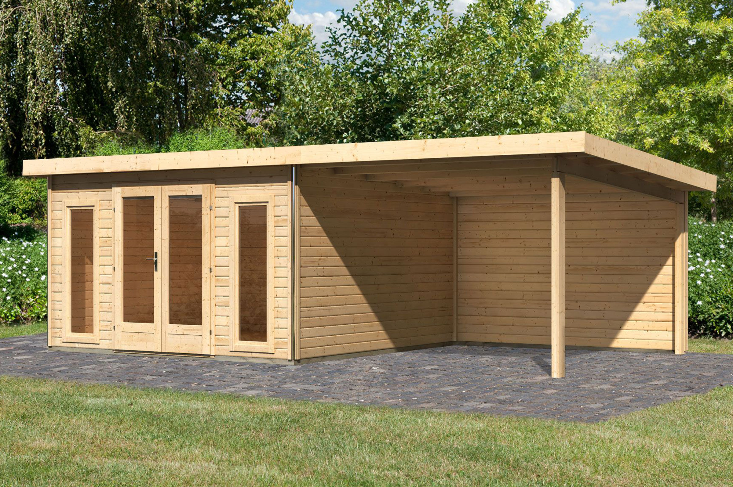 KARIBU Gartenhaus Radeburg 3, naturbelassen, Fichtenholz 40mm, 724 x 369 x 229,5 cm, Pultdach, Anbau 3,3m mit Rückwand