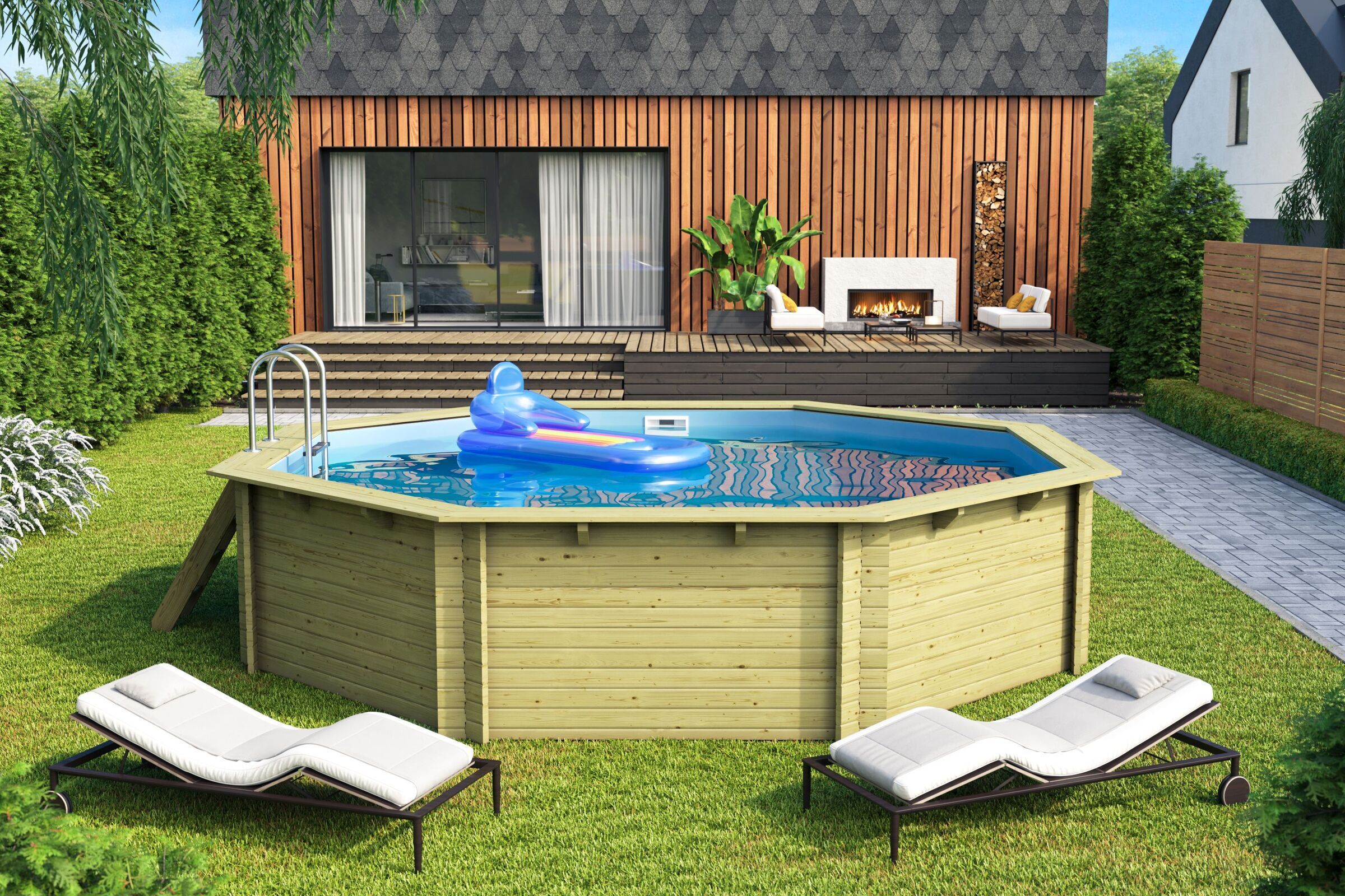 KARIBU Modell 3 Pool, naturbelassen, Fichtenholz, 502x502x124 cm, inkl. Holzdeck und Leiter