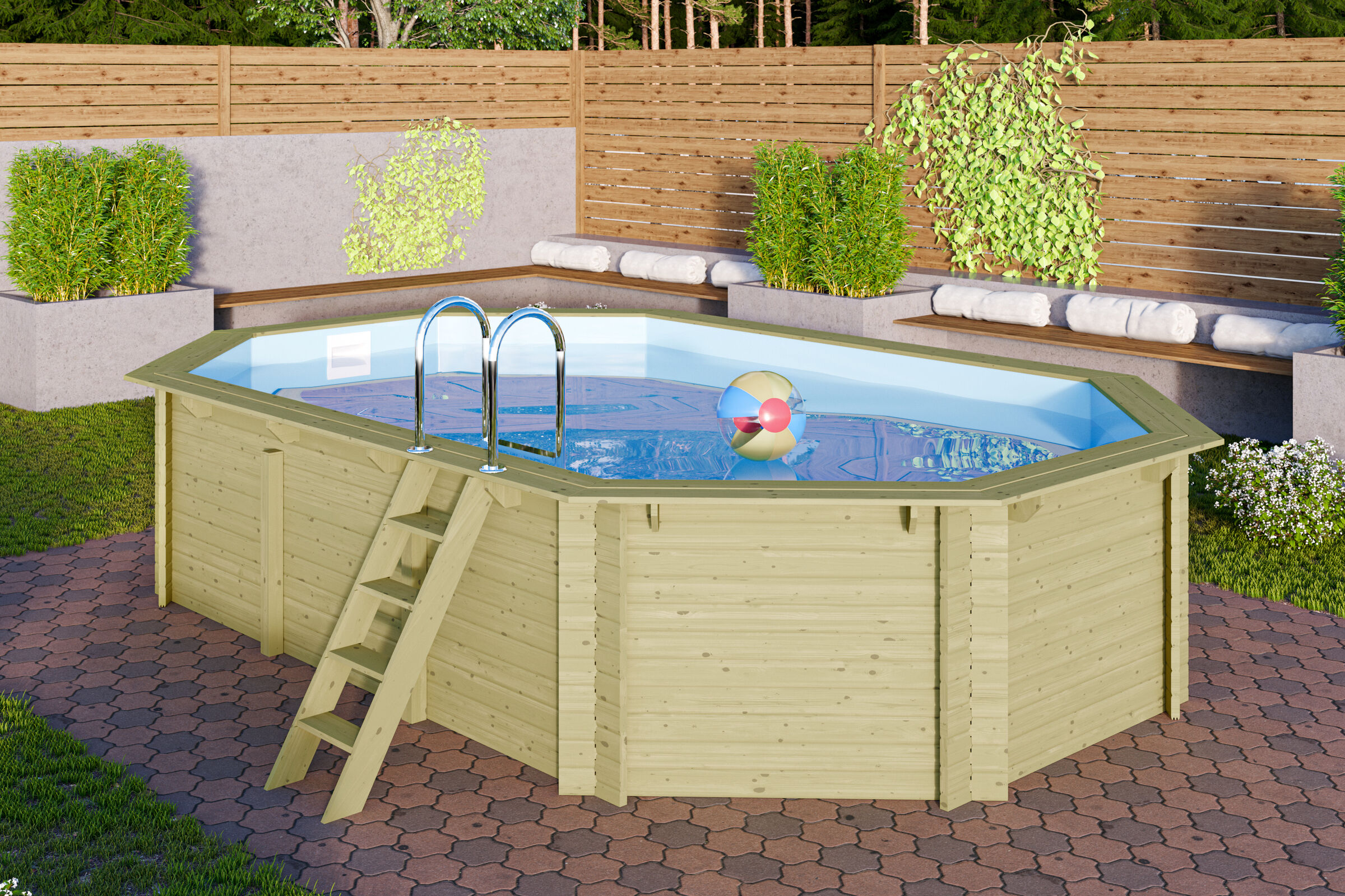 KARIBU Modell 4 Classic kdi Pool, naturbelassen, Fichtenholz, 569x358x124 cm, inkl. Deck und Leiter