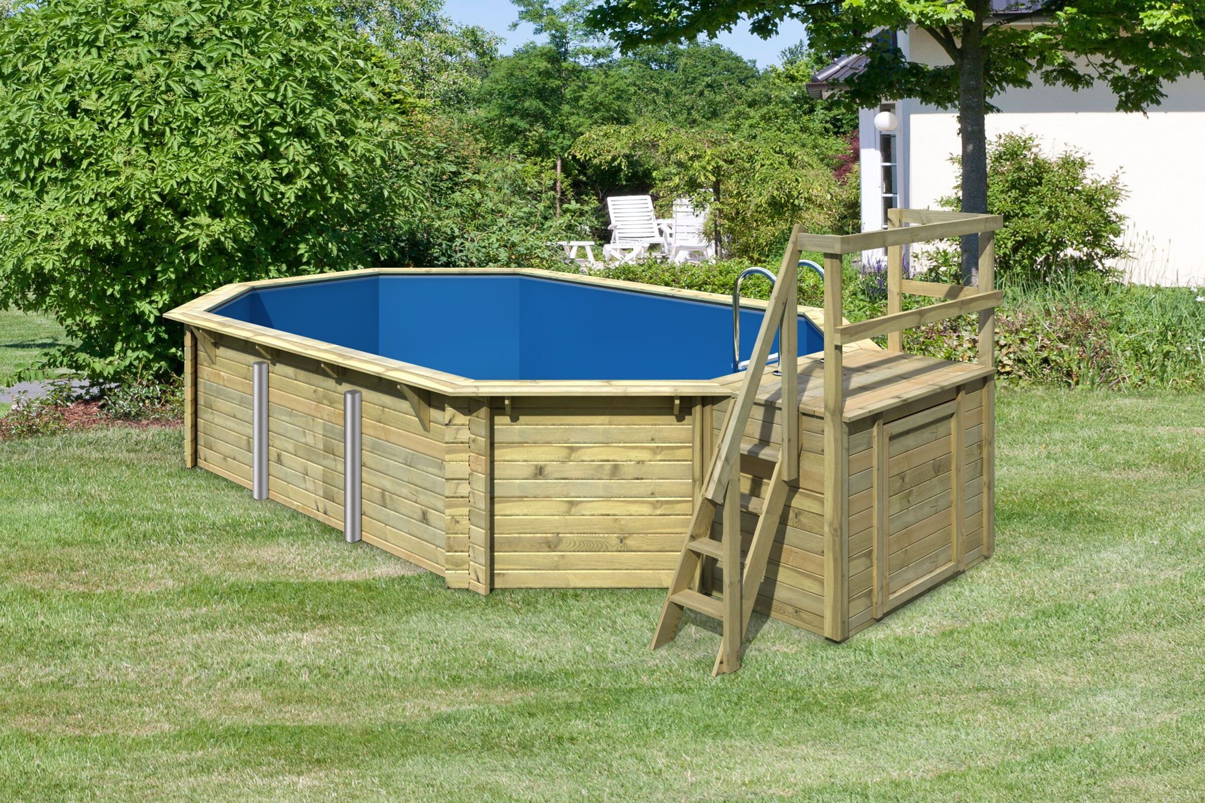 KARIBU Modell 4 Classic kdi Pool, naturbelassen, Fichtenholz, 569x358x124 cm, inkl. Deck, Terrasse und Treppe