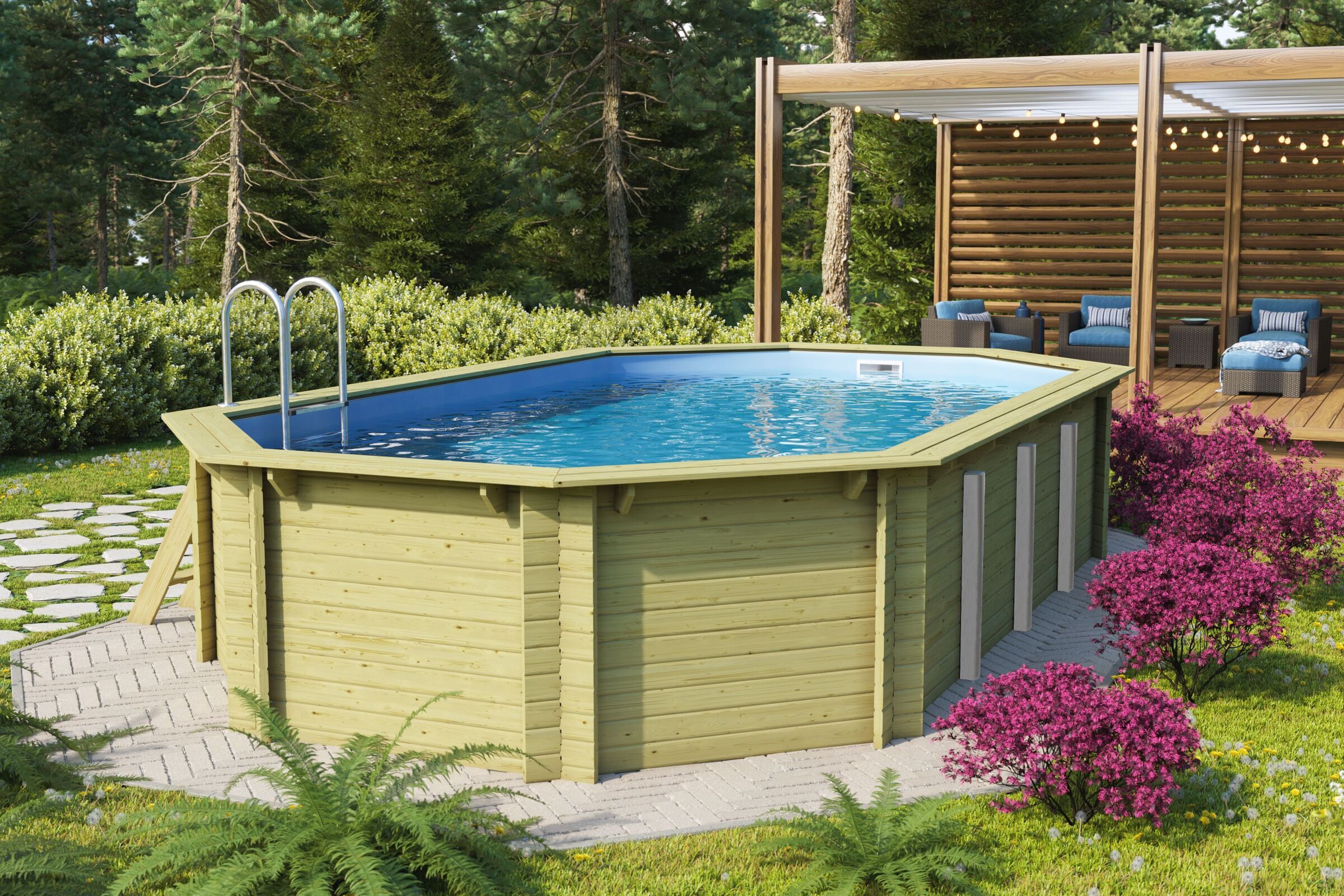 KARIBU Pool Modell 5 Variante A, naturbelassen, Fichtenholz, 357x657x124 cm, inkl. Folie, Deck und Treppe