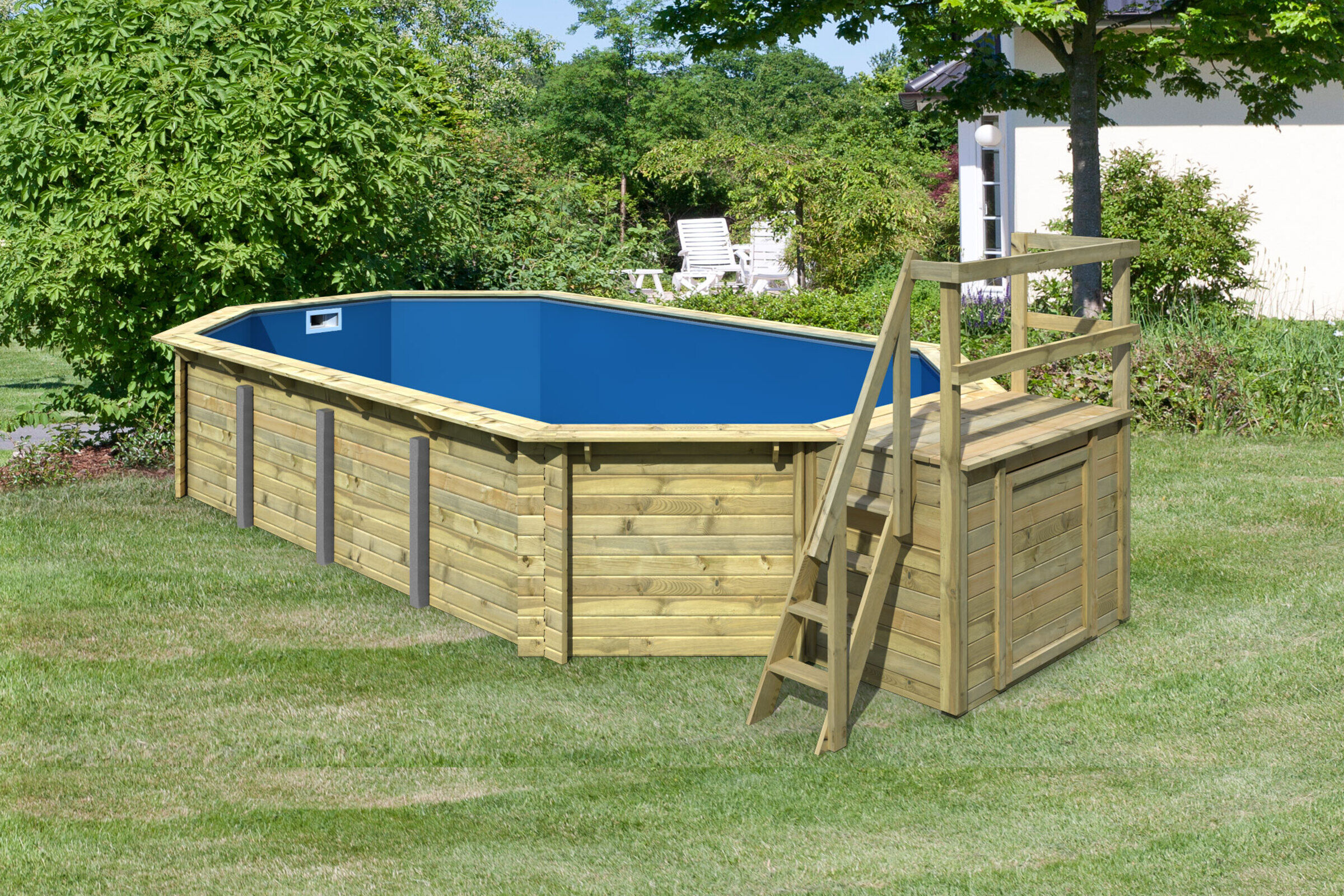 KARIBU Pool Modell 5 Variante B, naturbelassen, Fichtenholz, 357x657x124 cm, inkl. Deck, Terrasse, Treppe und Geländer