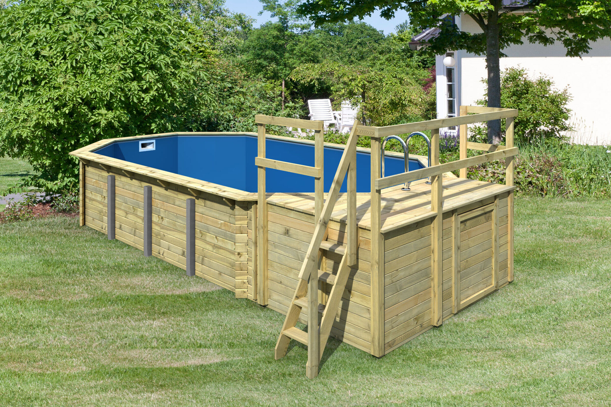 KARIBU Pool Modell 5 Variante C, naturbelassen, Fichtenholz, 357x657x124 cm, inkl. Deck, Terrasse, Treppe und Geländer