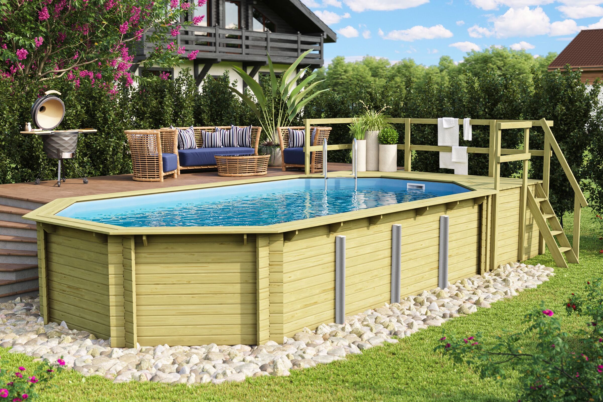 KARIBU Pool Modell 5 Variante D, naturbelassen, Fichtenholz, 357x657x124 cm, inkl. Deck, Terrasse, Treppe und Geländer