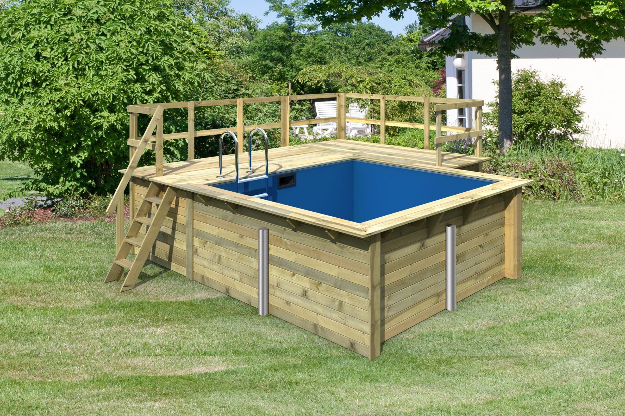 KARIBU Pool 44 mm, naturbelassen, Fichtenholz, 309x276x124 cm, Gr. 1, Terrasse + Seite ca. 350 cm