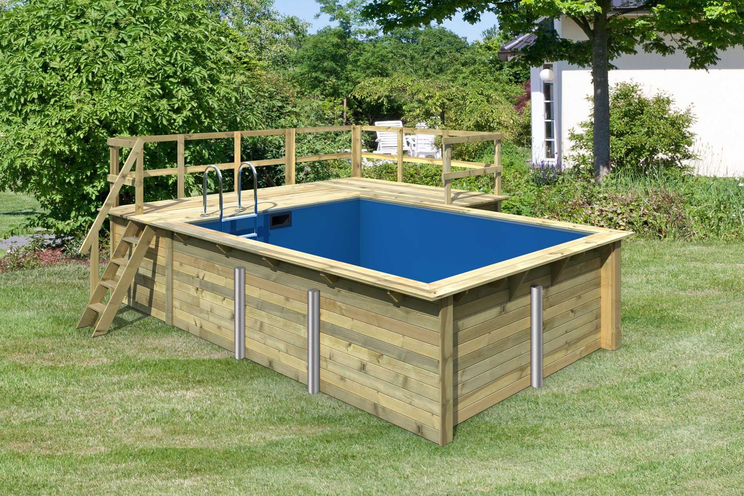 KARIBU Pool 44 mm, naturbelassen, Fichtenholz, 309x396x124 cm, Gr. 2, Terrasse + Seite ca. 350 cm