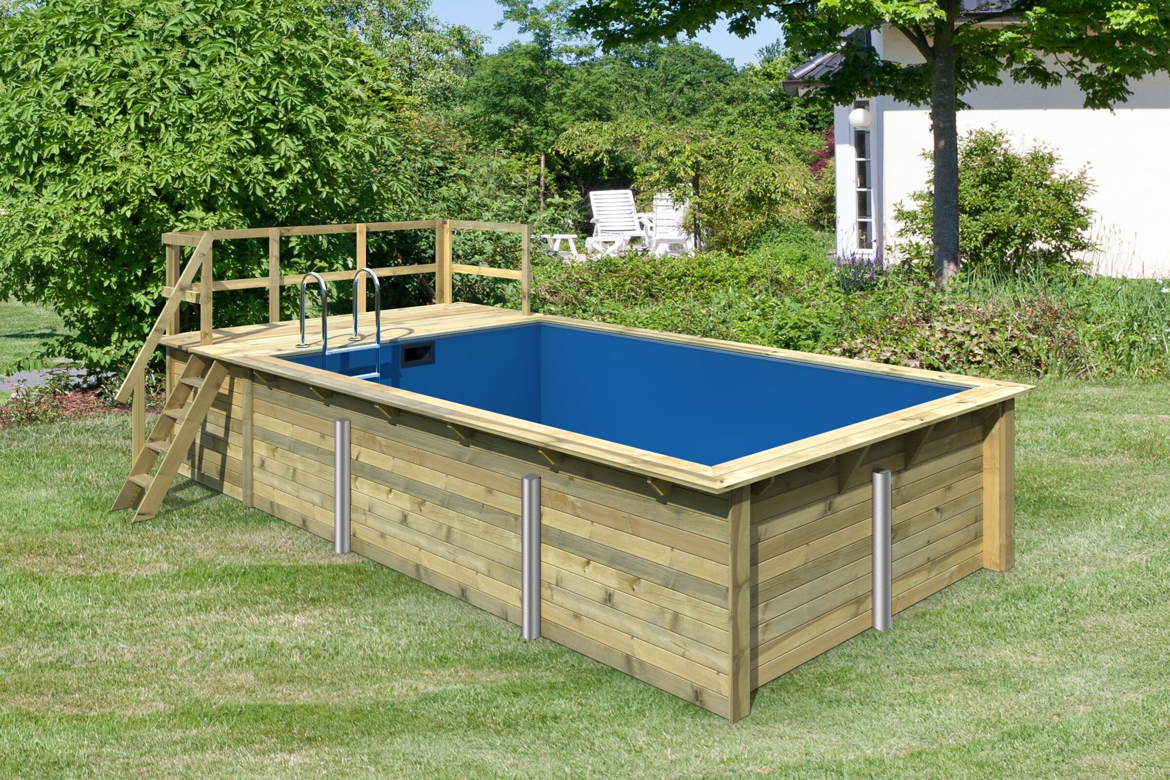 KARIBU Pool 44 mm, naturbelassen, Fichtenholz, 309x486x124 cm, Gr. 3, Terasse ca. 350 cm