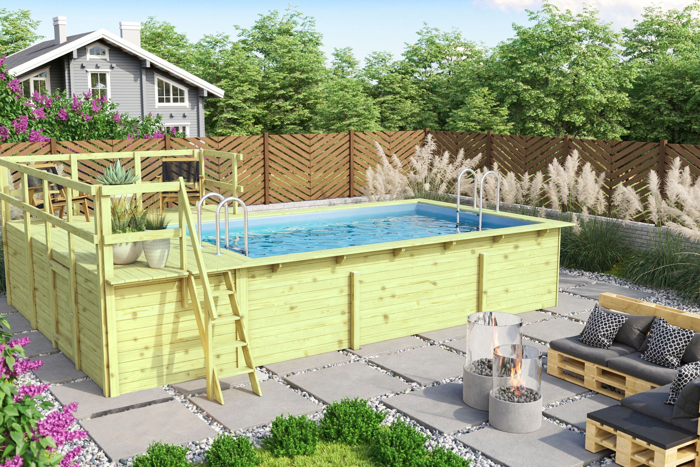 KARIBU Pool 44 mm, naturbelassen, Fichtenholz, 309x486x124 cm, Gr. 3, Terrasse + Seite ca. 350 cm