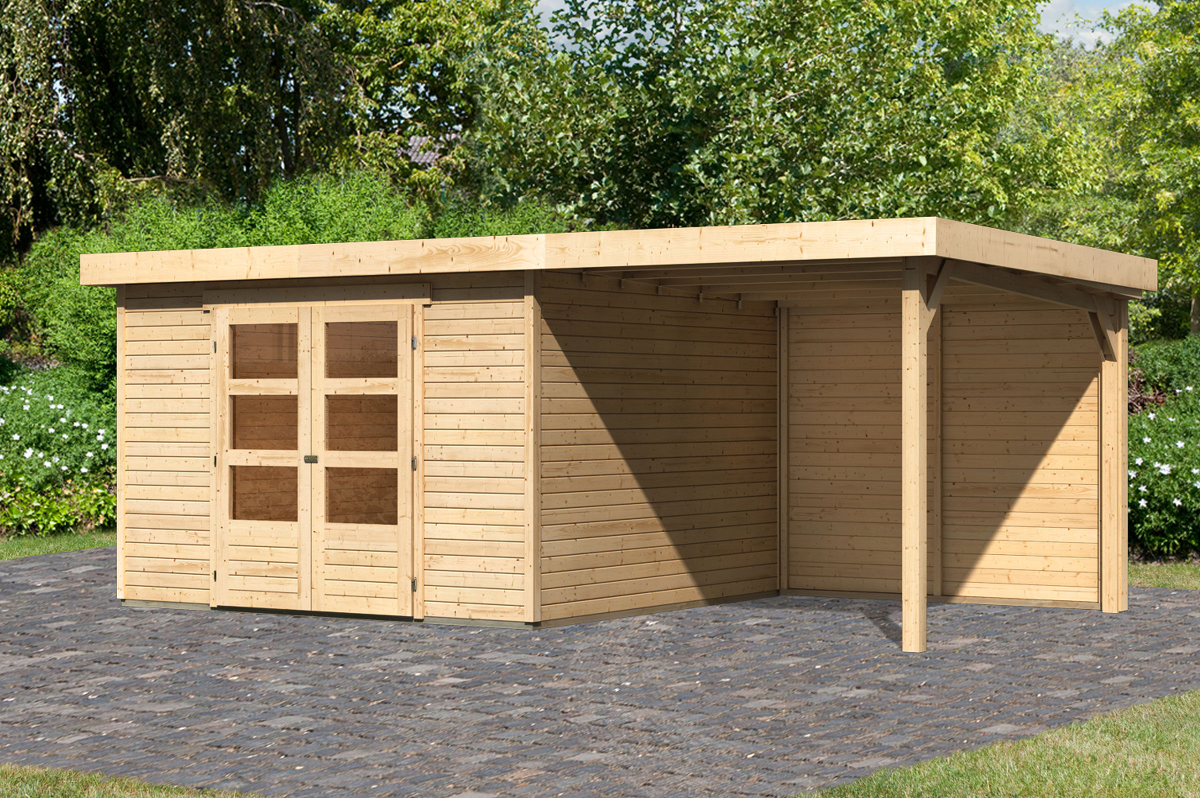 KARIBU Gartenhaus Askola 6, naturbelassen, Fichtenholz 19mm, 334 x 306 x 216 cm, Flachdach, Anbau 2,4m mit Rückwand