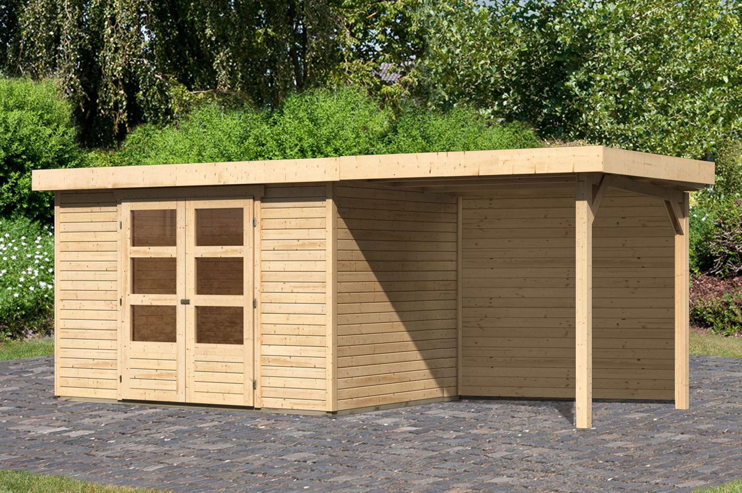 KARIBU Gartenhaus Askola 4, naturbelassen, Fichtenholz 19mm, 554 x 217 x 211 cm, Flachdach, Anbau 2,4m mit Rückwand