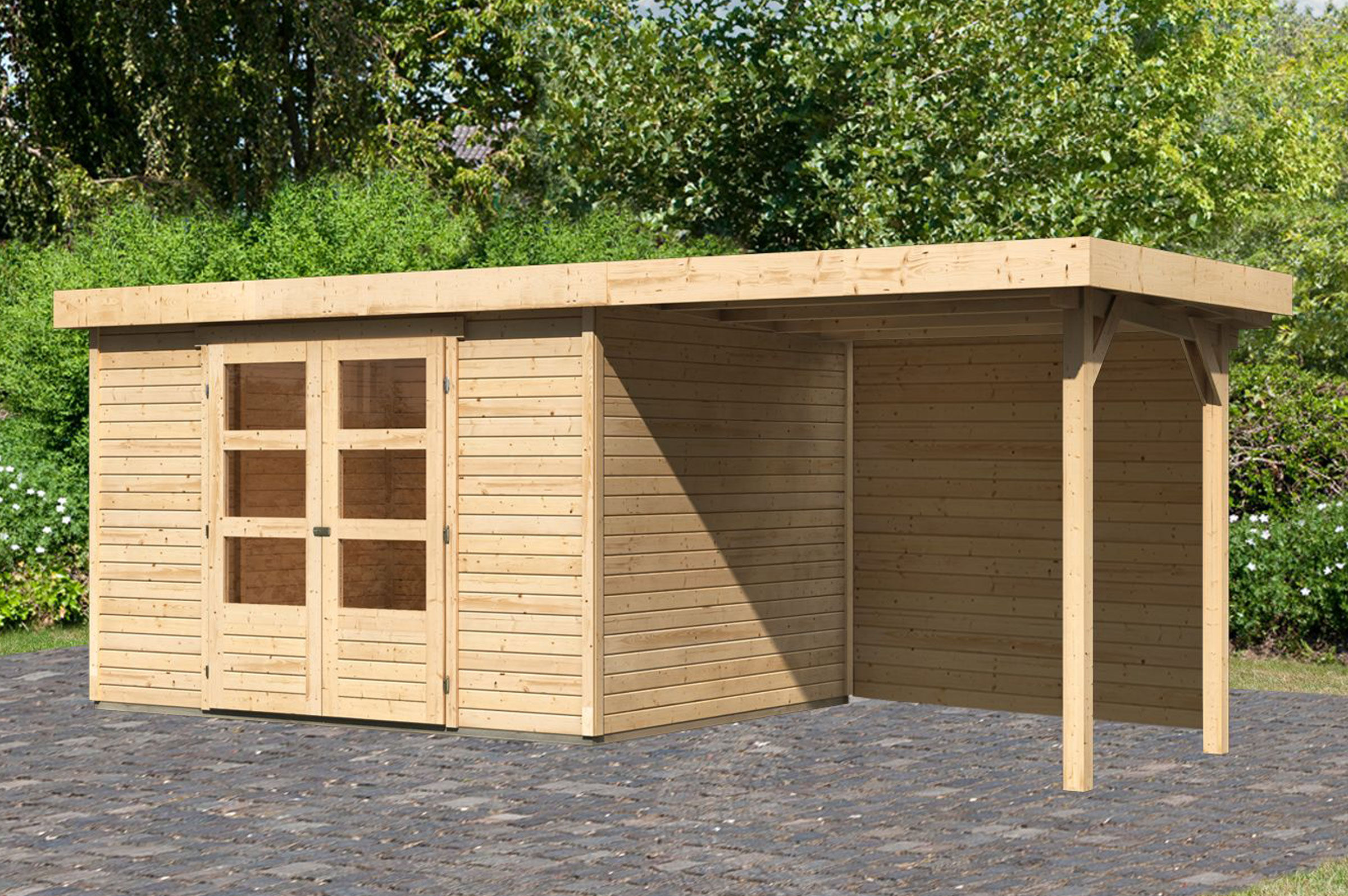 KARIBU Gartenhaus Askola 5, naturbelassen, Fichtenholz 19mm, 554 x 246 x 211 cm, Flachdach, Anbau 2,4m mit Rückwand