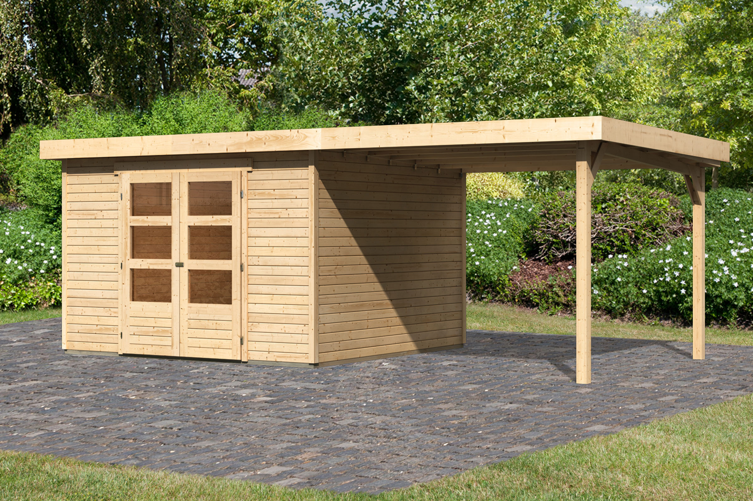 KARIBU Gartenhaus Askola 6, naturbelassen, Fichtenholz 19mm, 591,5 x 306 x 216 cm, Flachdach, seitlicher Anbau 2,8m