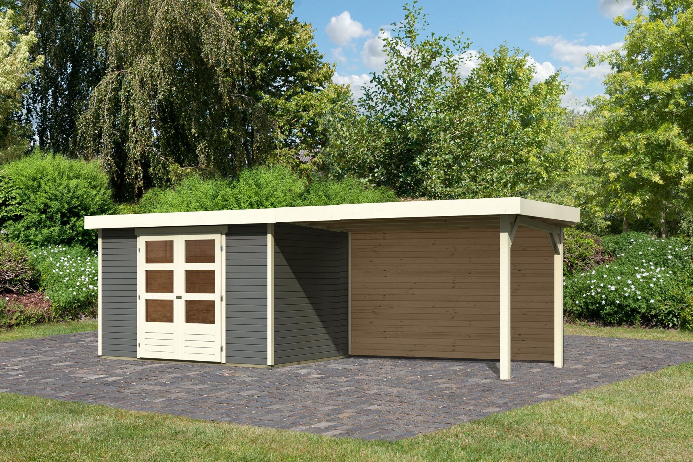 KARIBU Gartenhaus Askola 4, terragrau, Fichtenholz 19mm, 591,5 x 217 x 211 cm, Flachdach, seitlicher Anbau 2,8m mit Rückwand