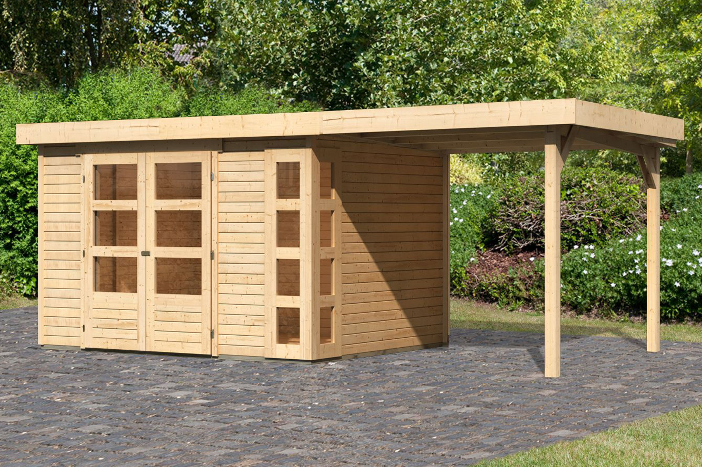 KARIBU Gartenhaus Kerko 5, naturbelassen, Fichtenholz 19mm, 554 x 246 x 210 cm, Flachdach, Anbau 2,4m