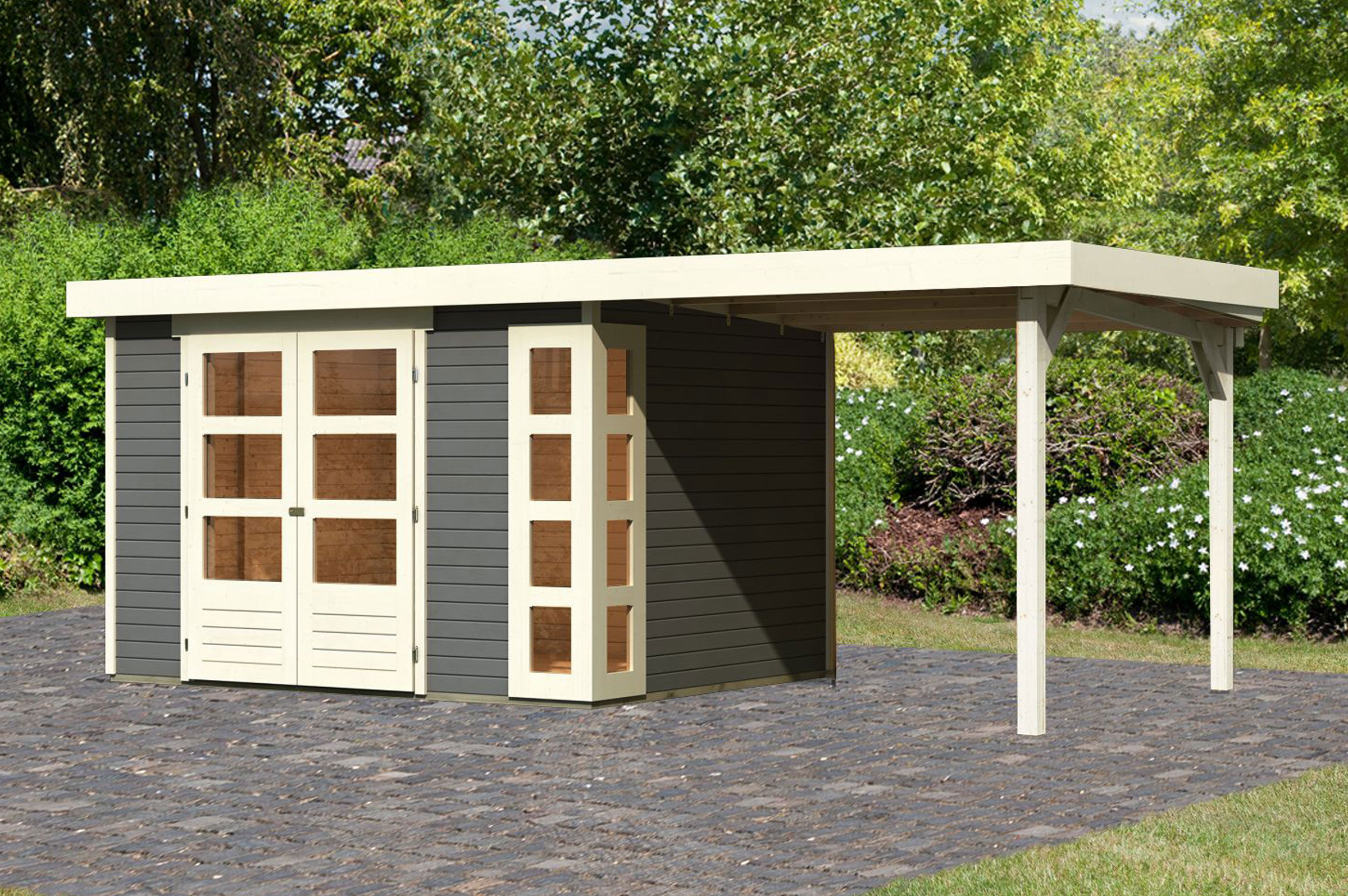 KARIBU Gartenhaus Kerko 5, terragrau, Fichtenholz 19mm, 554 x 246 x 210 cm, Flachdach, Anbau 2,4m