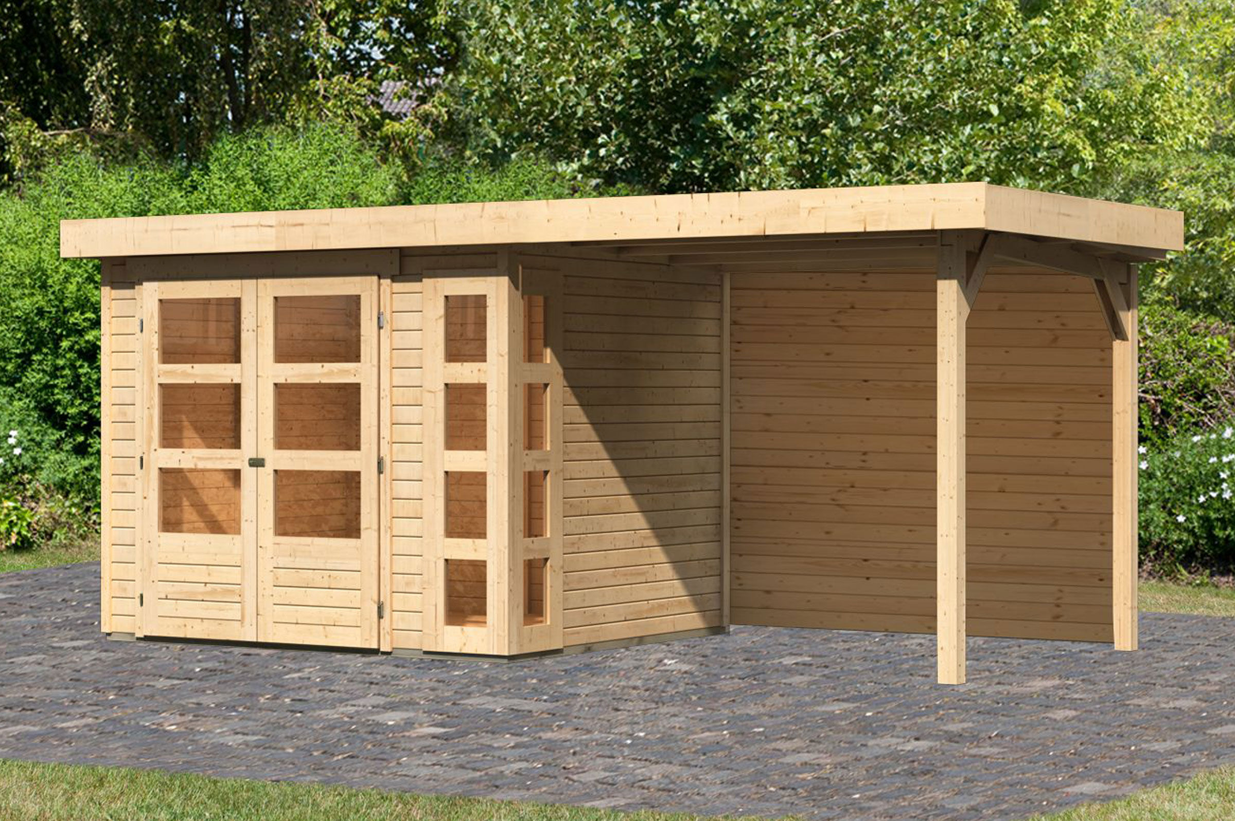 KARIBU Gartenhaus Kerko 3, naturbelassen, Fichtenholz 19mm, 508 x 217 x 211 cm, Flachdach, Anbau 2,4m mit Rückwand