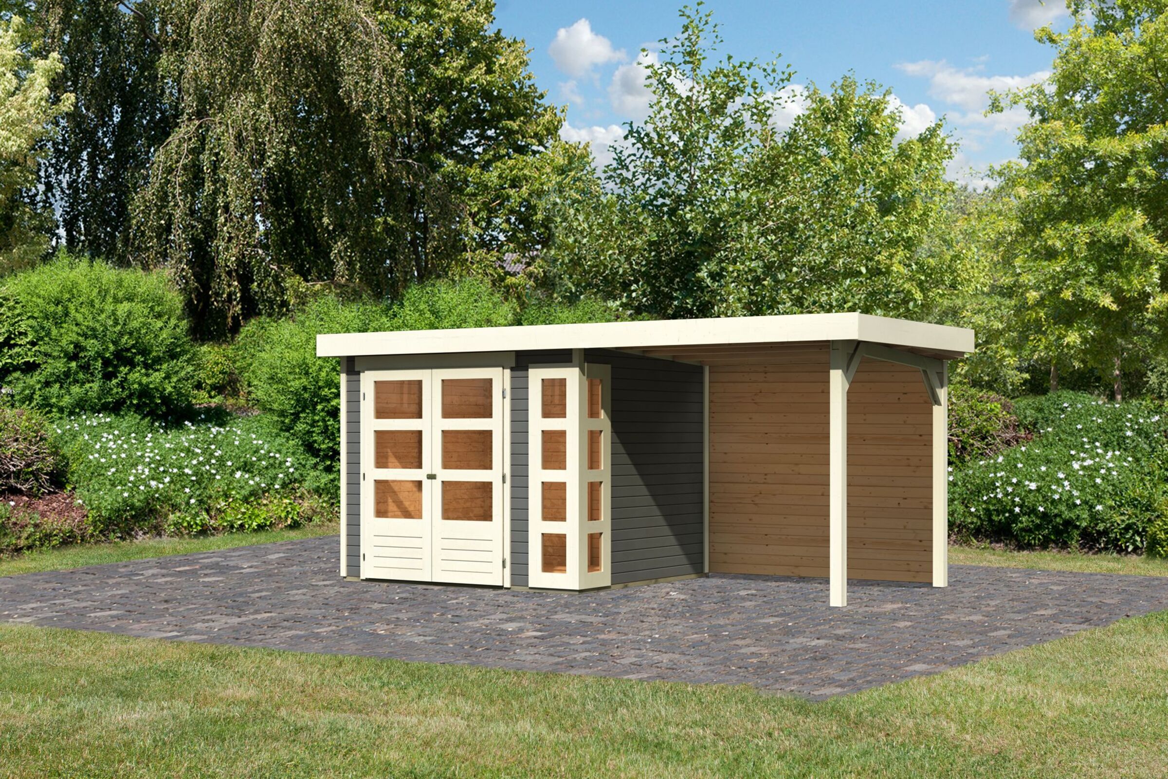 KARIBU Gartenhaus Kerko 3, terragrau, Fichtenholz 19mm, 508 x 217 x 211 cm, Flachdach, Anbau 2,4m mit Rückwand