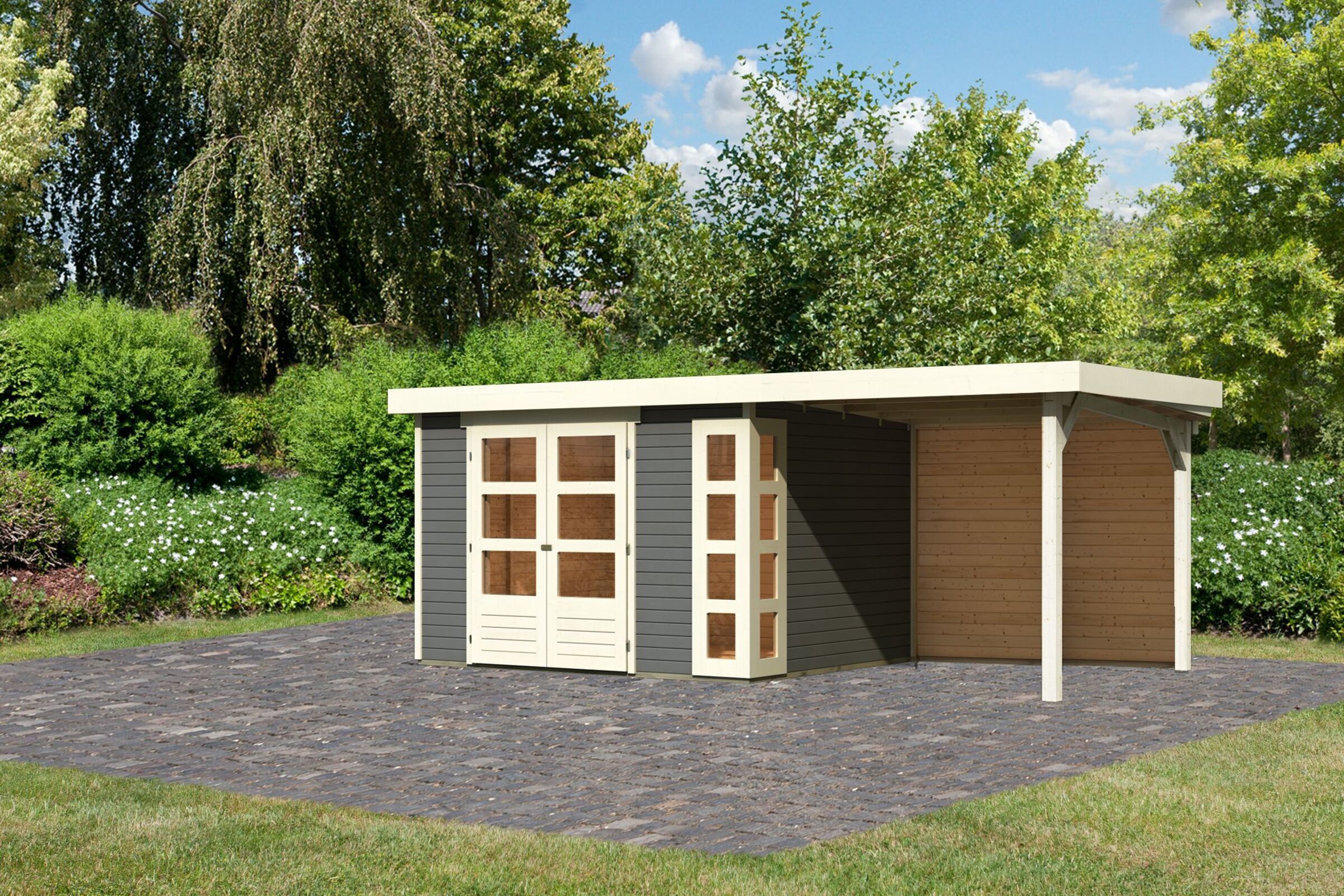 KARIBU Gartenhaus Kerko 5, terragrau, Fichtenholz 19mm, 554 x 246 x 210 cm, Flachdach, Anbau 2,4m mit Rückwand