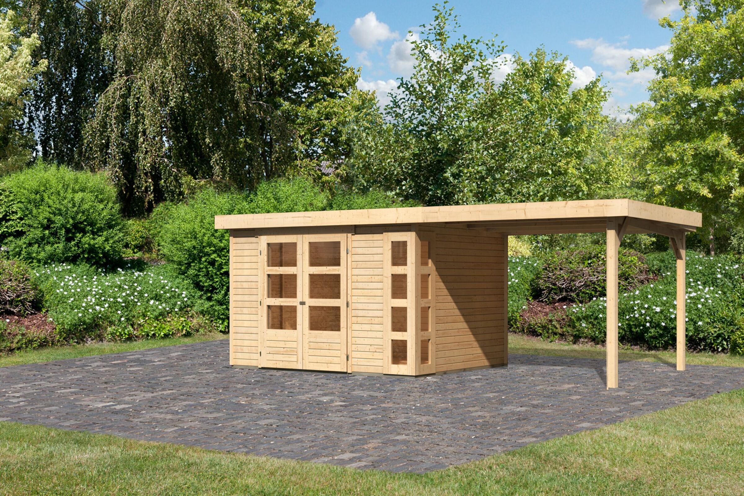 KARIBU Gartenhaus Kerko 5, naturbelassen, Fichtenholz 19mm, 591,5 x 246 x 210 cm, Flachdach, Anbau 2,8m