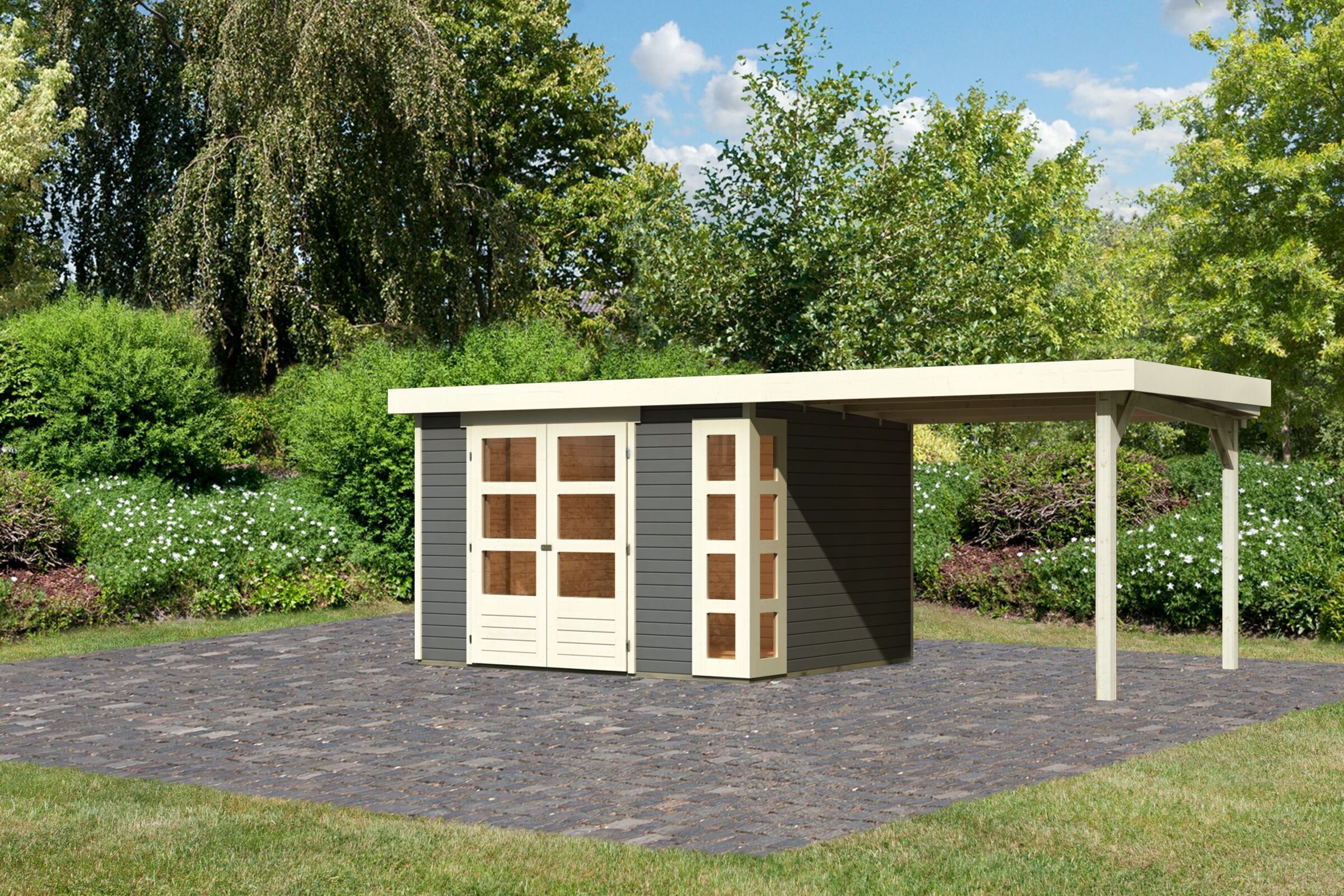 KARIBU Gartenhaus Kerko 5, terragrau, Fichtenholz 19mm, 591,5 x 246 x 210 cm, Flachdach, Anbau 2,8m