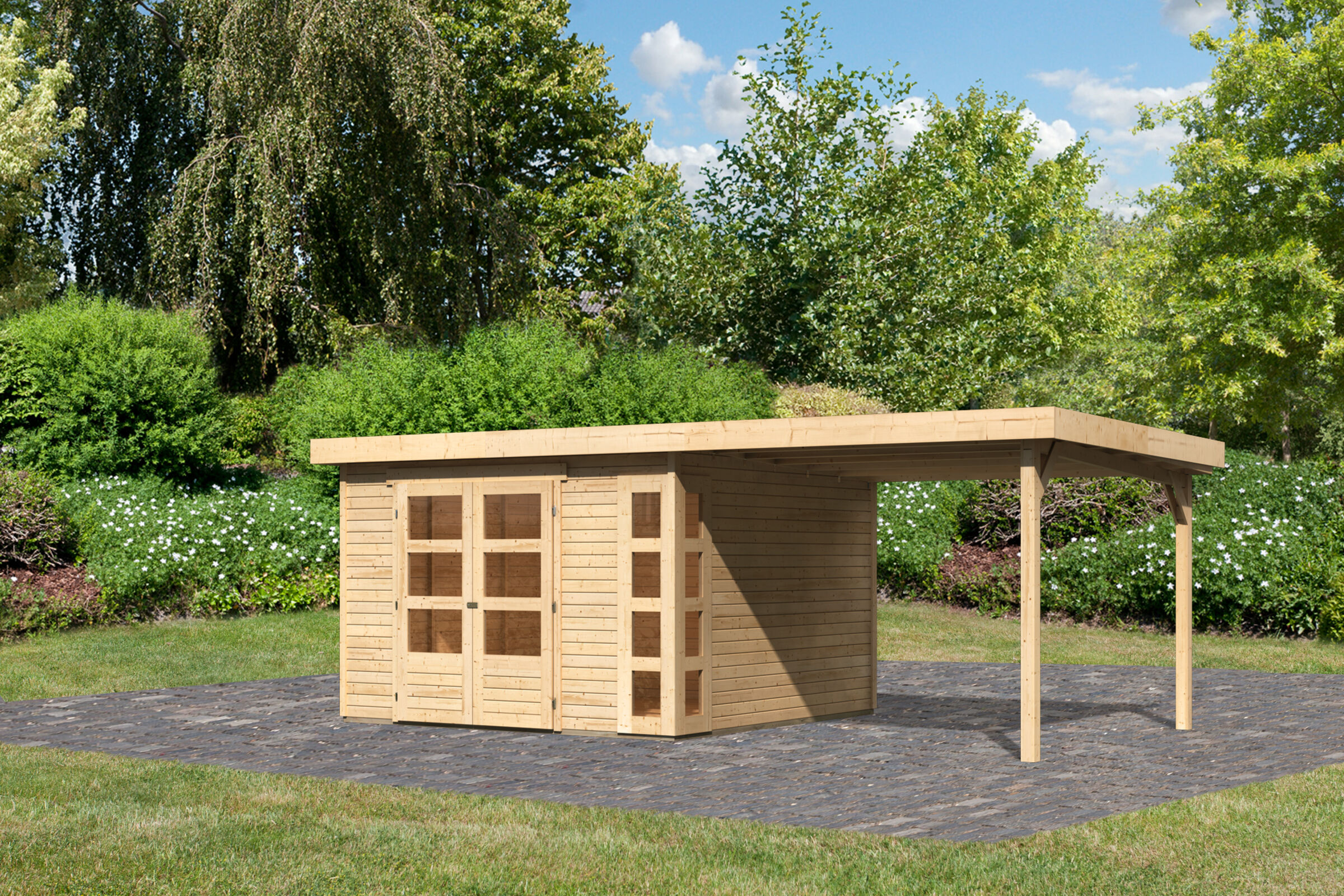 KARIBU Gartenhaus Kerko 6, naturbelassen, Fichtenholz 19mm, 334 x 306 x 216 cm, Flachdach, Anbau 2,8m