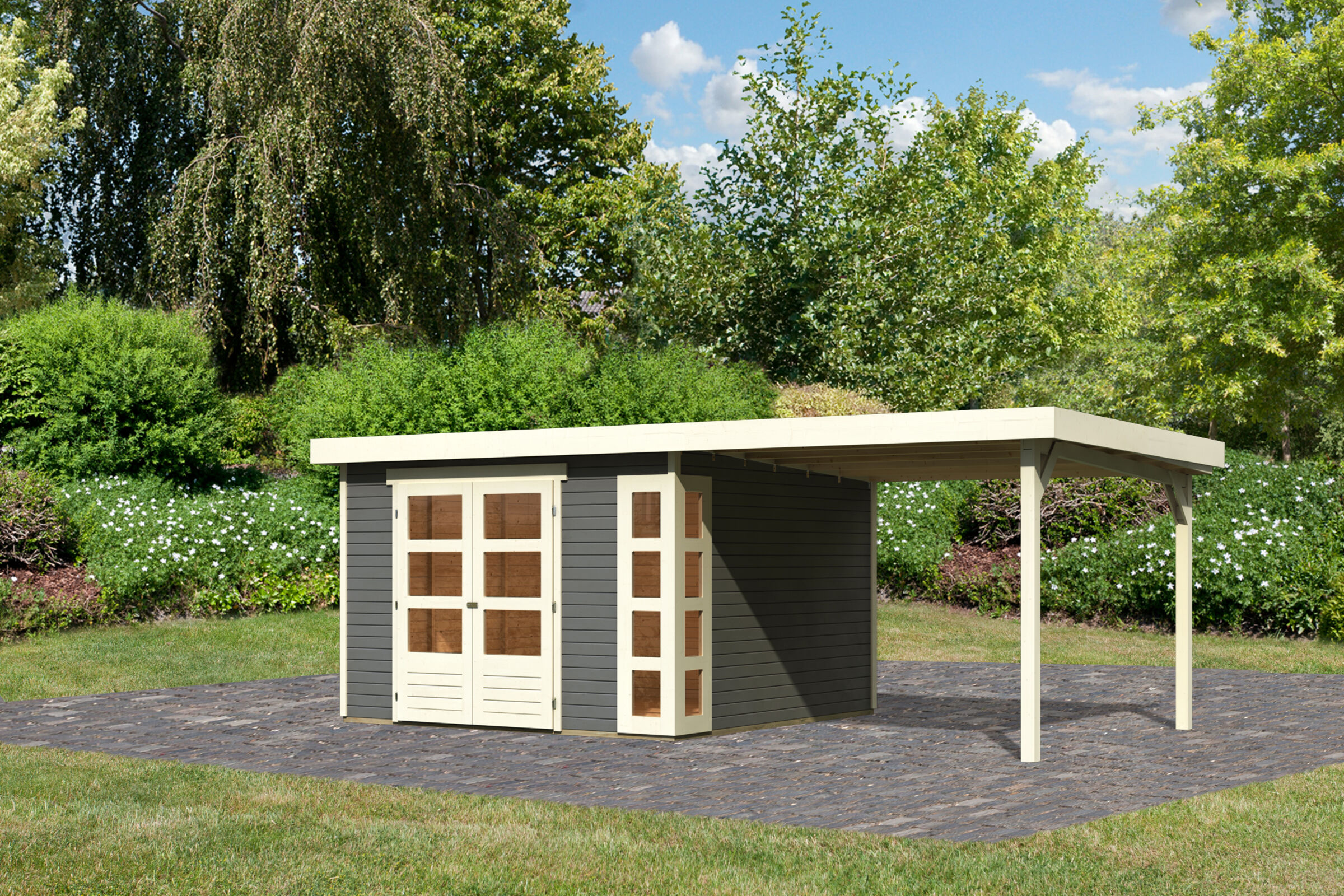 KARIBU Gartenhaus Kerko 6, terragrau, Fichtenholz 19mm, 334 x 306 x 216 cm, Flachdach, Anbau 2,8m