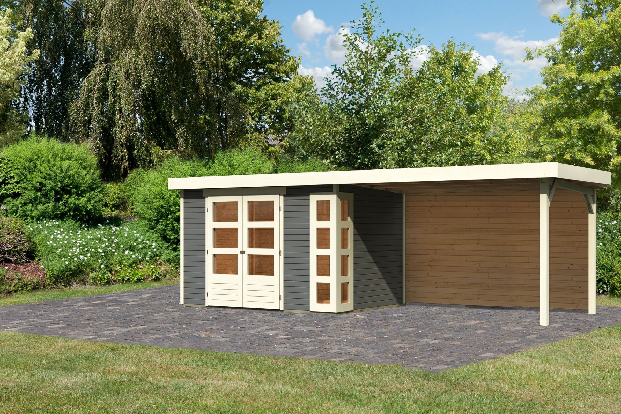 KARIBU Gartenhaus Kerko 4, terragrau, Fichtenholz 19mm, 609 x 217 x 211 cm, Flachdach, Anbau 2,8m mit Rückwand