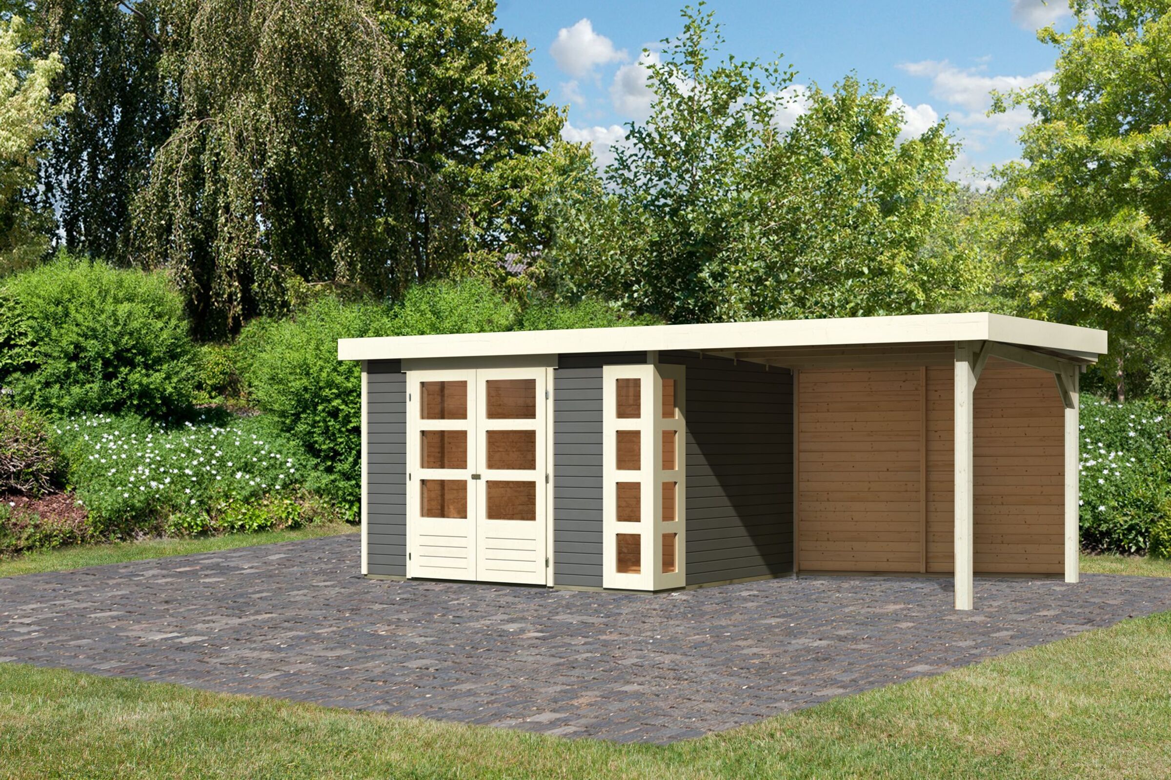 KARIBU Gartenhaus Kerko 5, terragrau, Fichtenholz 19mm, 591,5 x 246 x 210 cm, Flachdach, Anbau 2,8m mit Rückwand