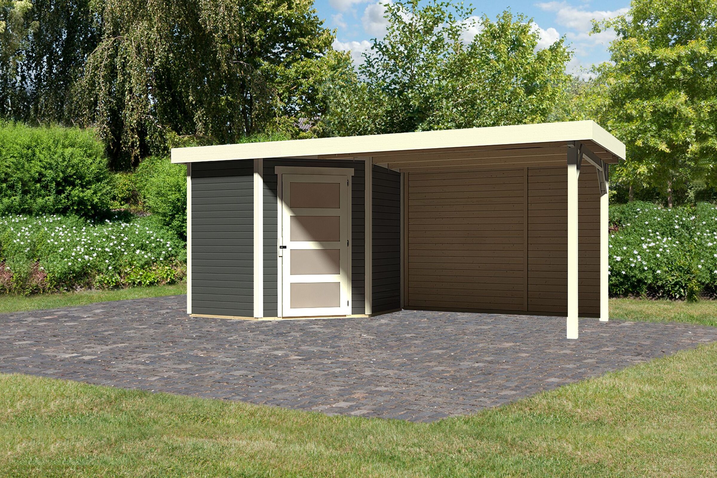 KARIBU Gartenhaus Schwandorf 3, terragrau, Fichtenholz 19mm, 504,5 x 217 x 218 cm, Flachdach, Anbau 2,8m mit Rückwand