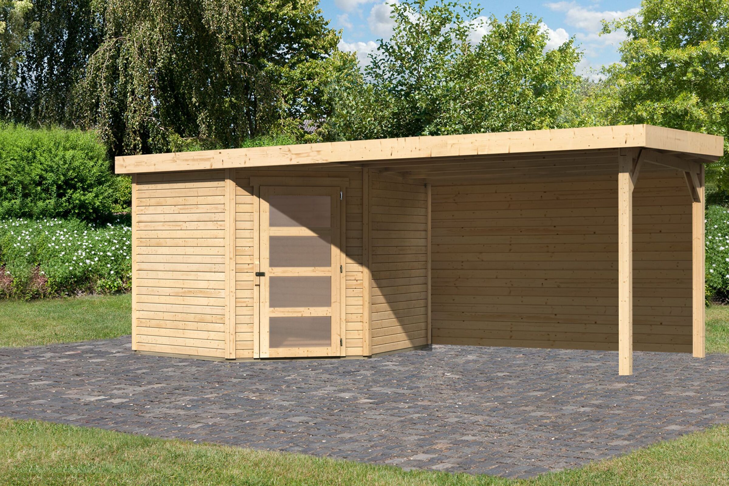 KARIBU Gartenhaus Schwandorf 5, naturbelassen, Fichtenholz 19mm, 530 x 246 x 218 cm, Flachdach, Anbau 2,8m mit Rückwand