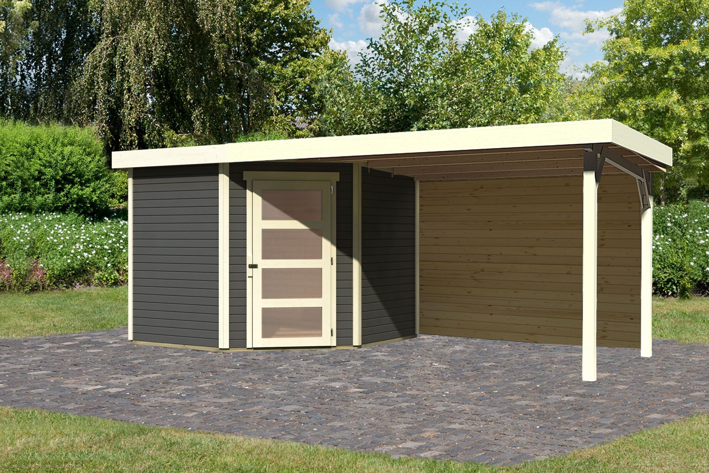 KARIBU Gartenhaus Schwandorf 5, terragrau, Fichtenholz 19mm, 530 x 246 x 218 cm, Flachdach, Anbau 2,8m mit Rückwand