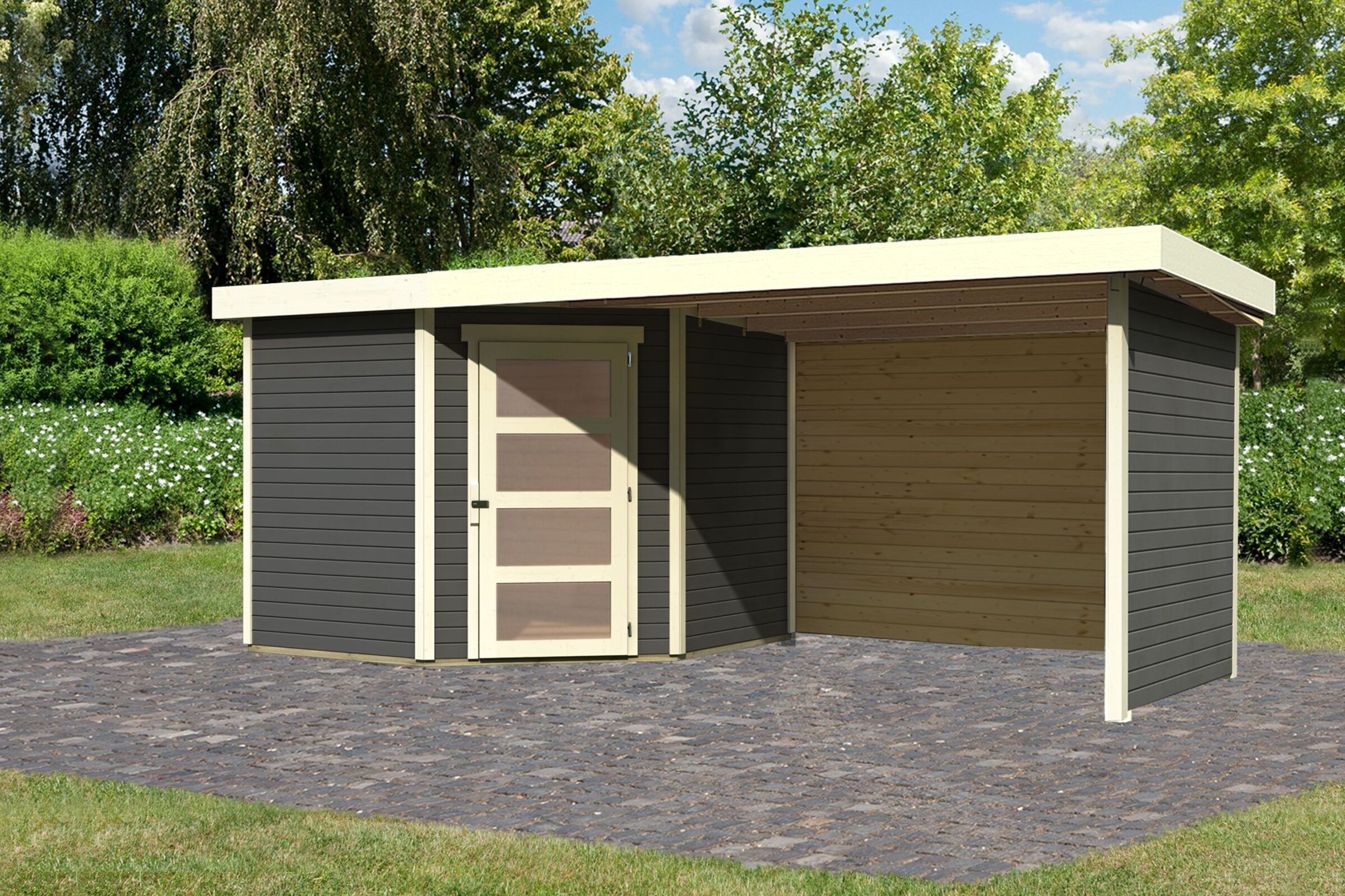 KARIBU Gartenhaus Schwandorf5 , naturbelassen, Fichtenholz 19mm, 530 x 246 x 218 cm, Flachdach, Anbau 2,8m mit Rück- und Seitenwand