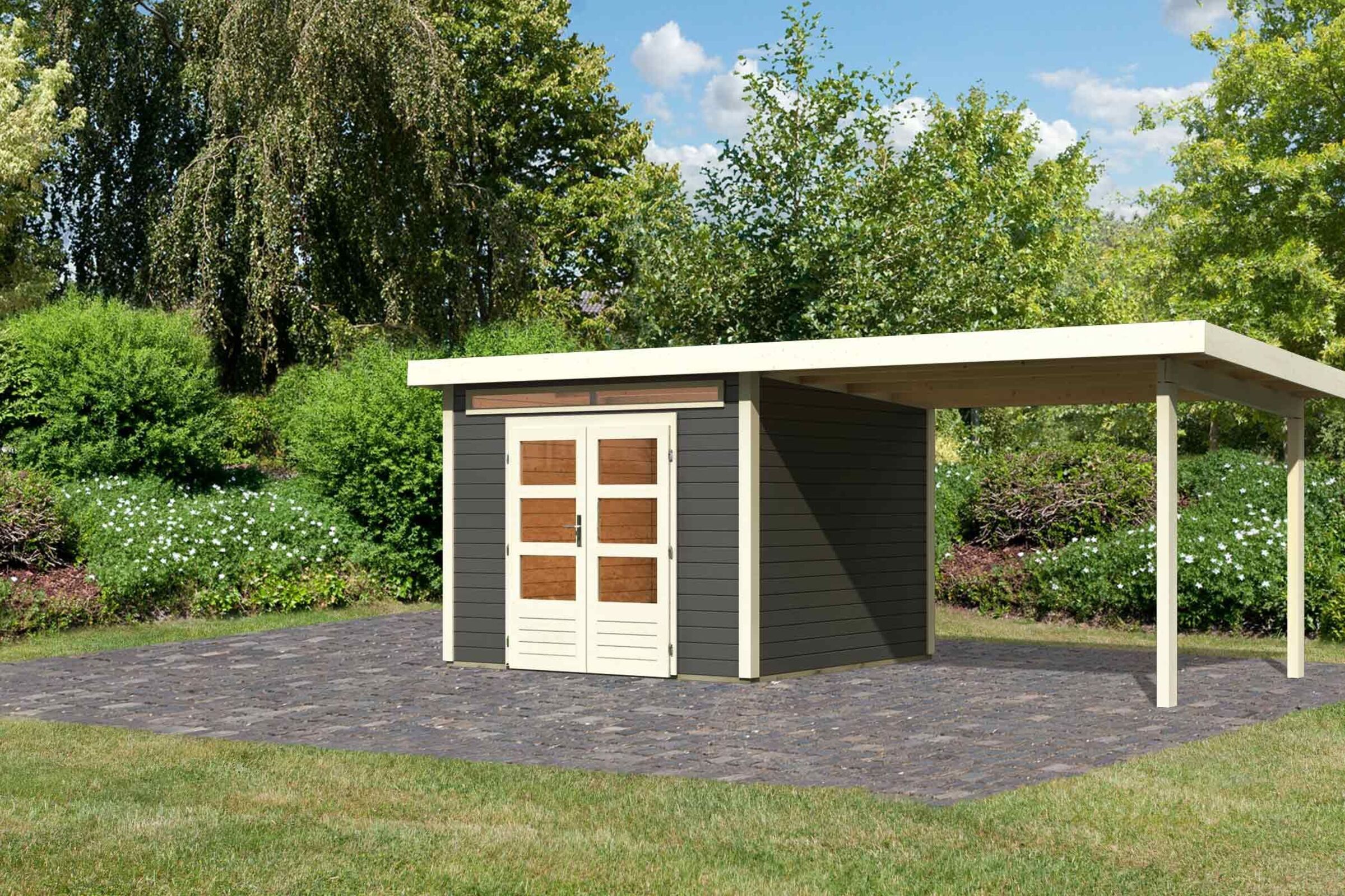 KARIBU Gartenhaus Kandern 6, terragrau, Fichtenholz 28mm, 612 x 274 x 222 cm, Pultdach, Anbau 3,2m