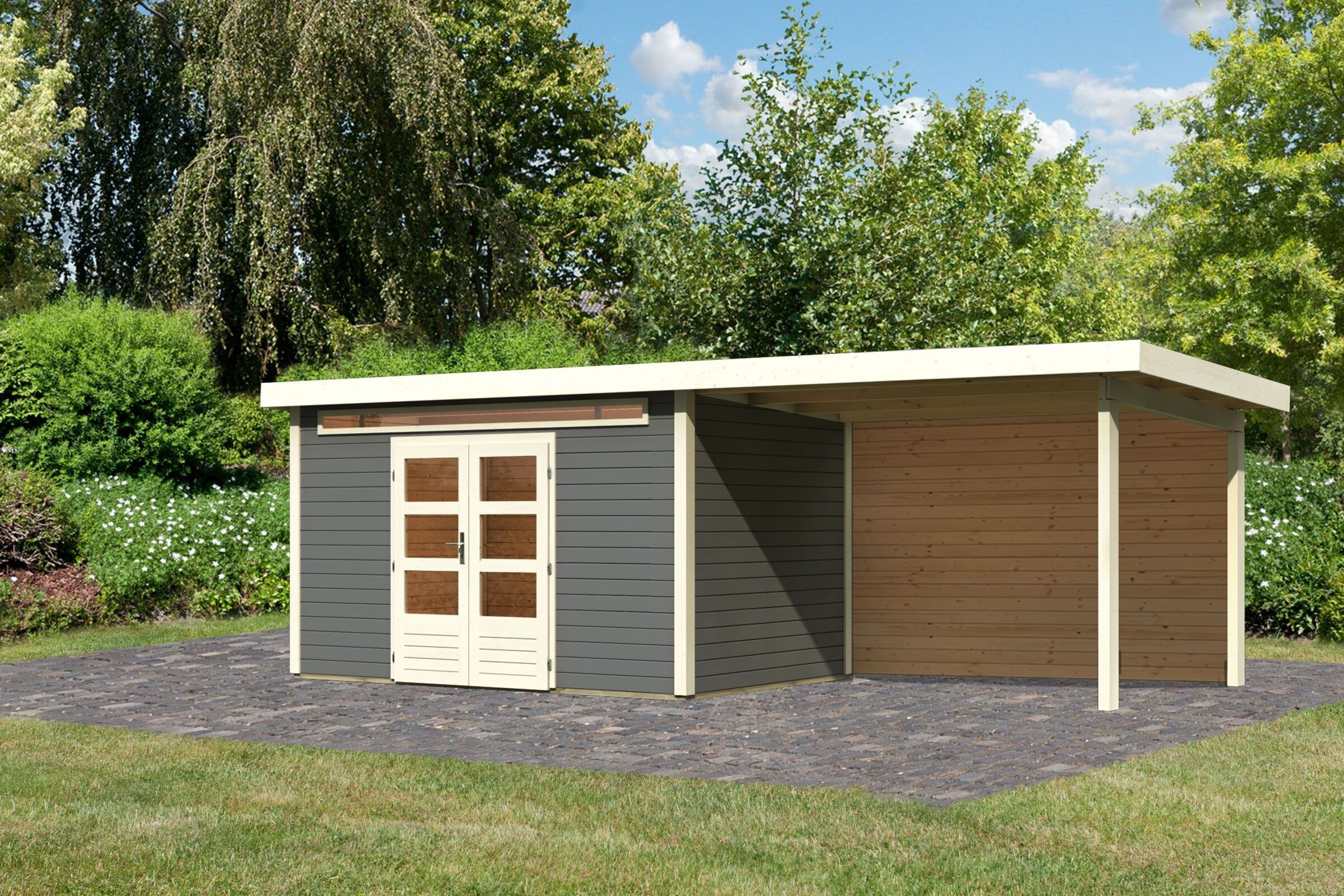 KARIBU Gartenhaus Kandern 7, terragrau, Fichtenholz 28mm, 702 x 244 x 222 cm, Pultdach, Anbau 3,2m mit Rückwand