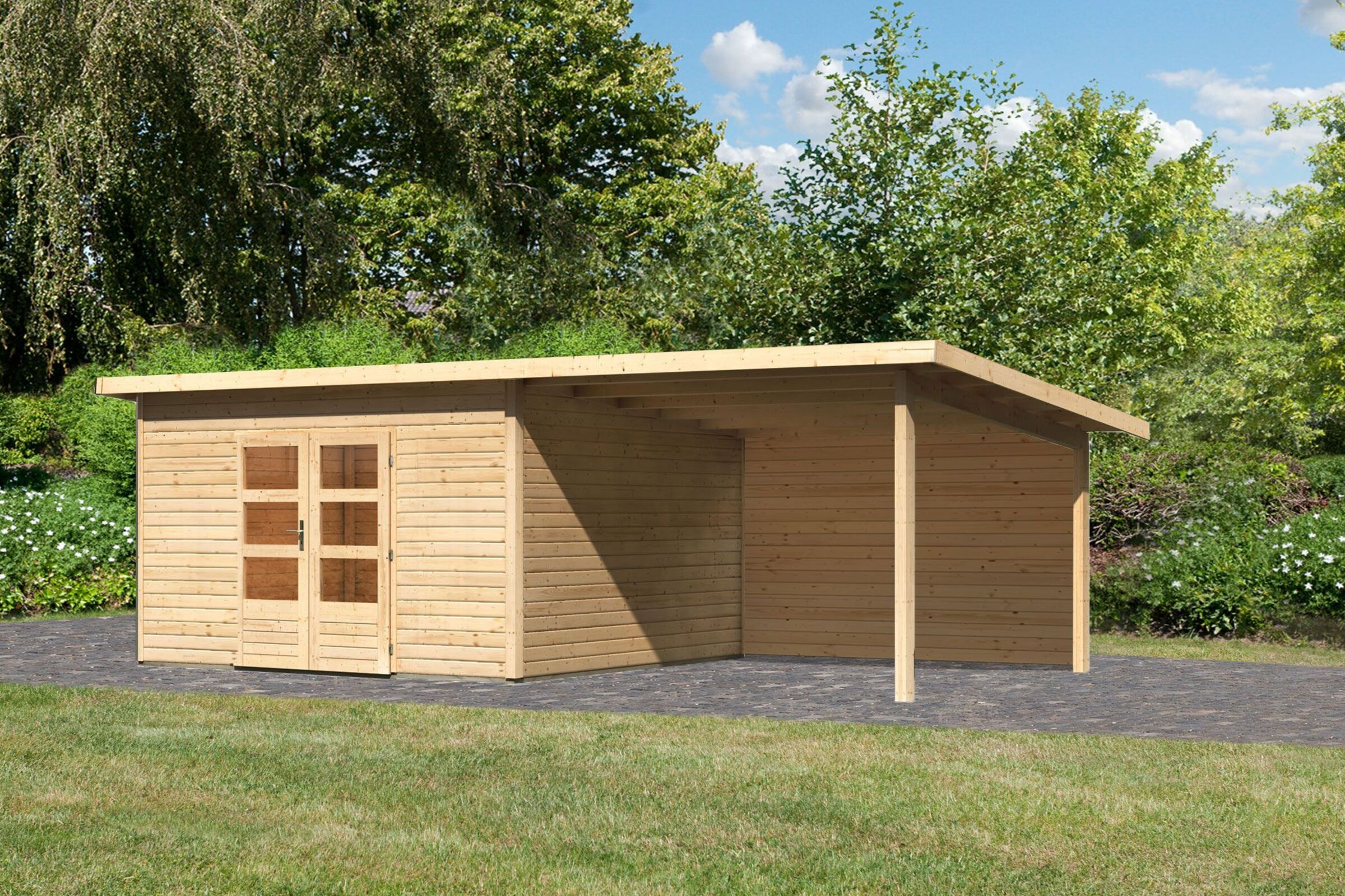 KARIBU Gartenhaus Northeim 5, naturbelassen, Fichtenholz 40mm, 724 x 369 x 229 cm, Pultdach, Anbau 3m mit Rückwand