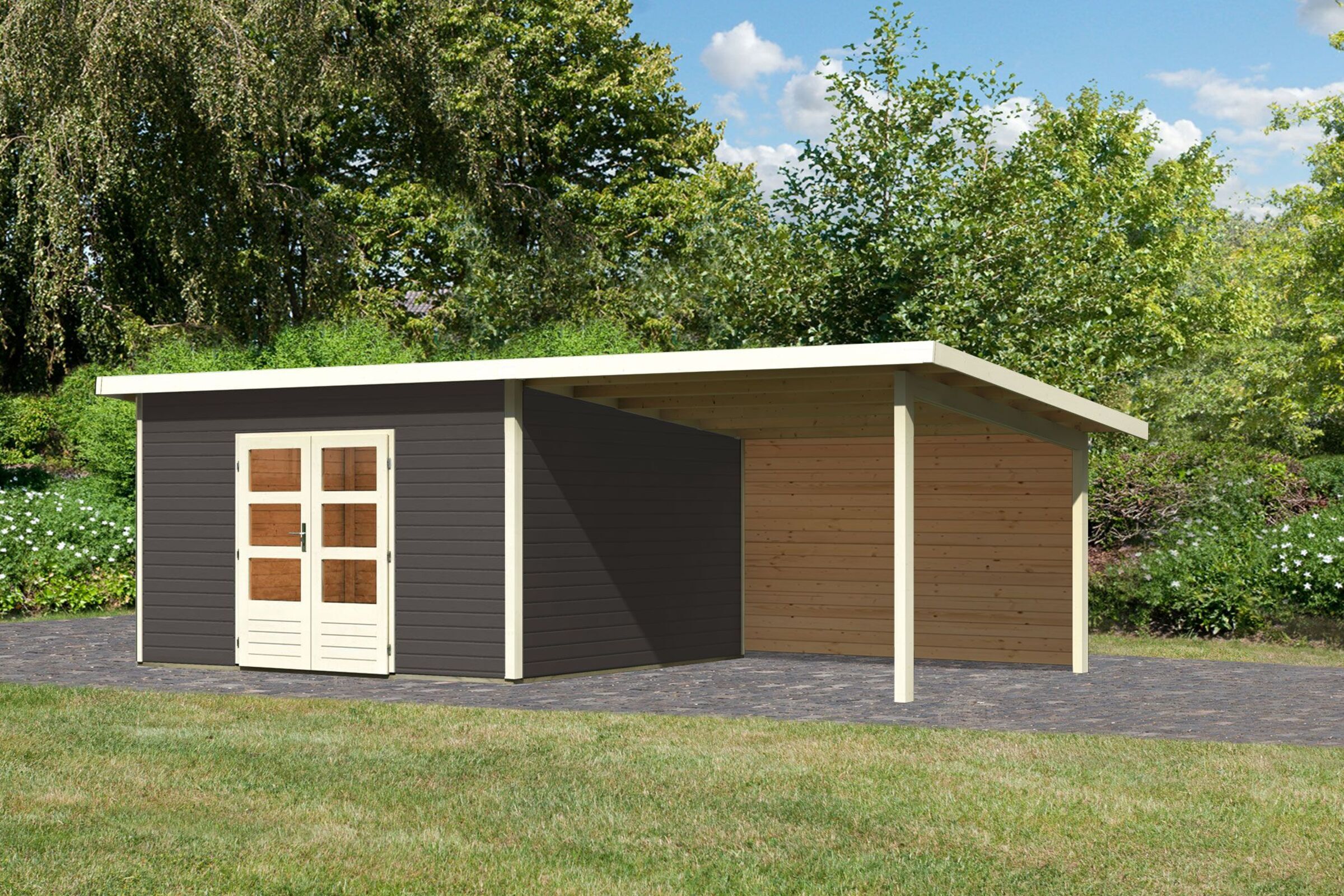 KARIBU Gartenhaus Northeim 5, terragrau, Fichtenholz 40mm, 724 x 369 x 229 cm, Pultdach, Anbau 3m mit Rückwand