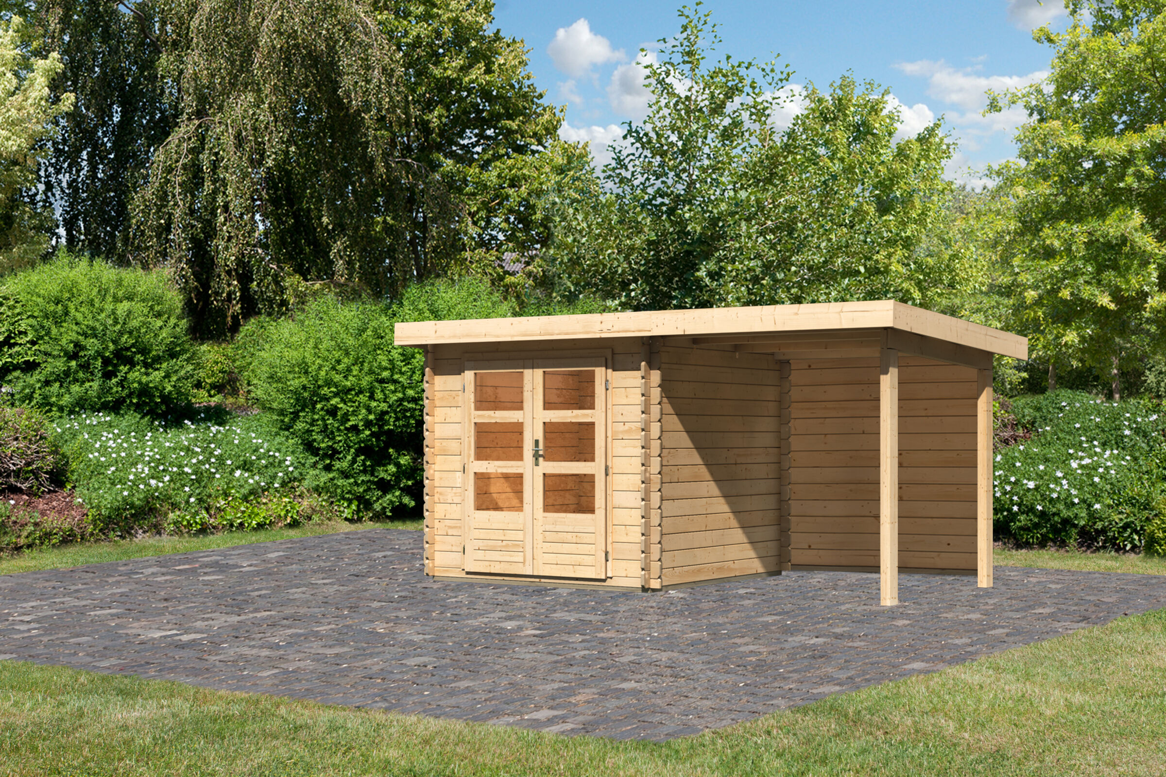 KARIBU Gartenhaus Bastrup2 , naturbelassen, Fichtenholz 28mm, 454,5 x 237 x 220 cm, Pultdach, Anbau 2m mit Rückwand