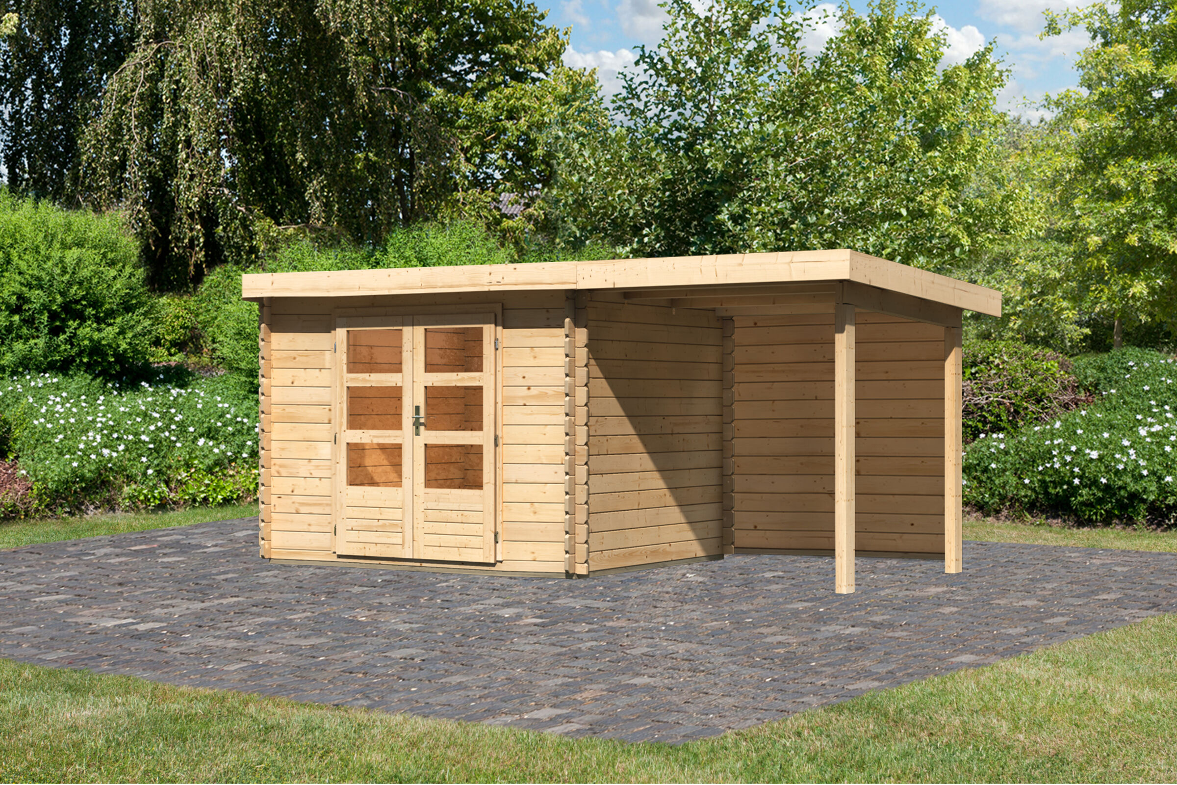 KARIBU Gartenhaus Bastrup3 , naturbelassen, Fichtenholz 28mm, 514,5 x 237 x 220 cm, Pultdach, Anbau 2m mit Rückwand