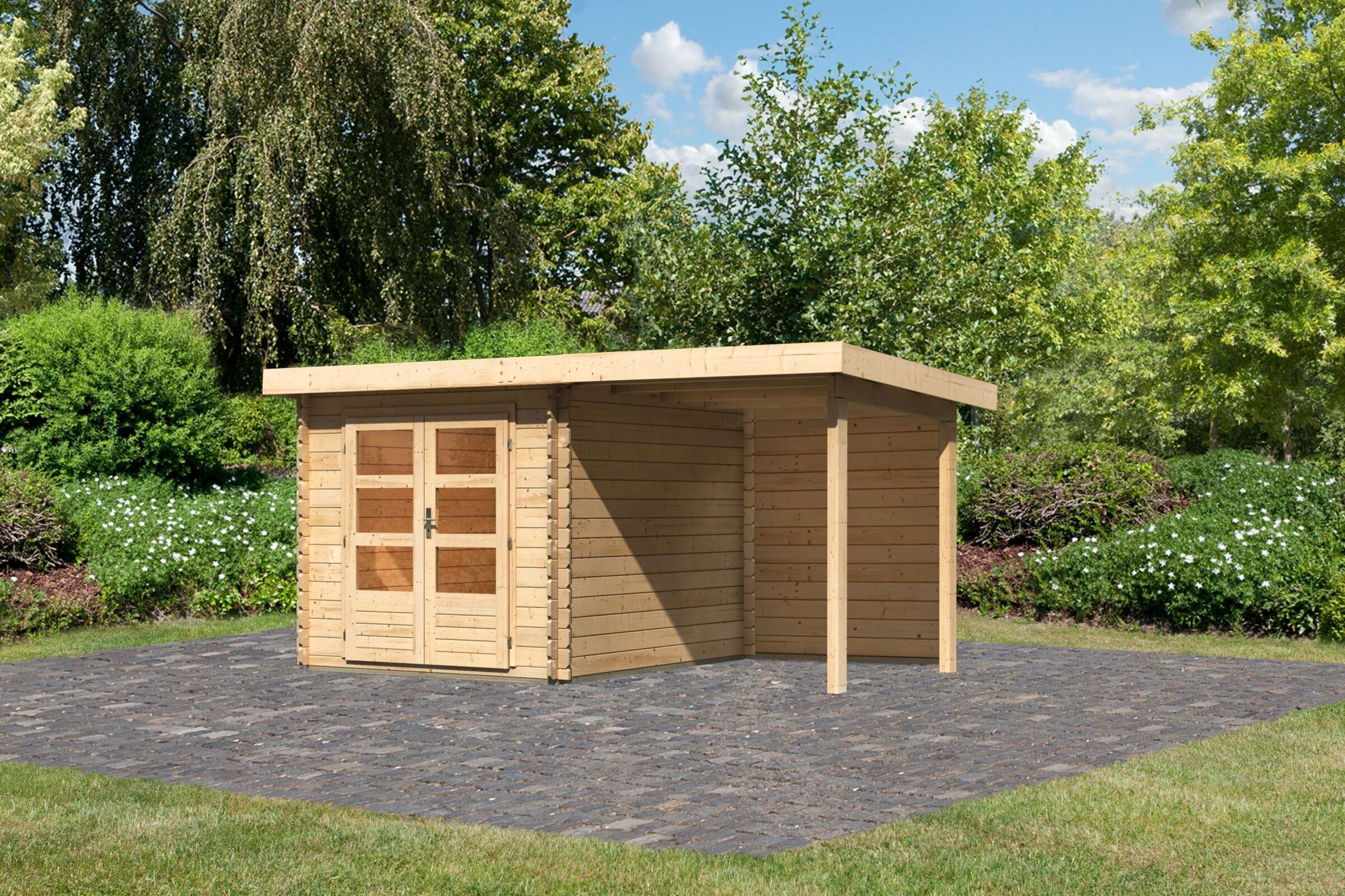 KARIBU Gartenhaus Bastrup4 , naturbelassen, Fichtenholz 28mm, 454,5 x 297 x 222 cm, Pultdach, Anbau 2m mit Rückwand