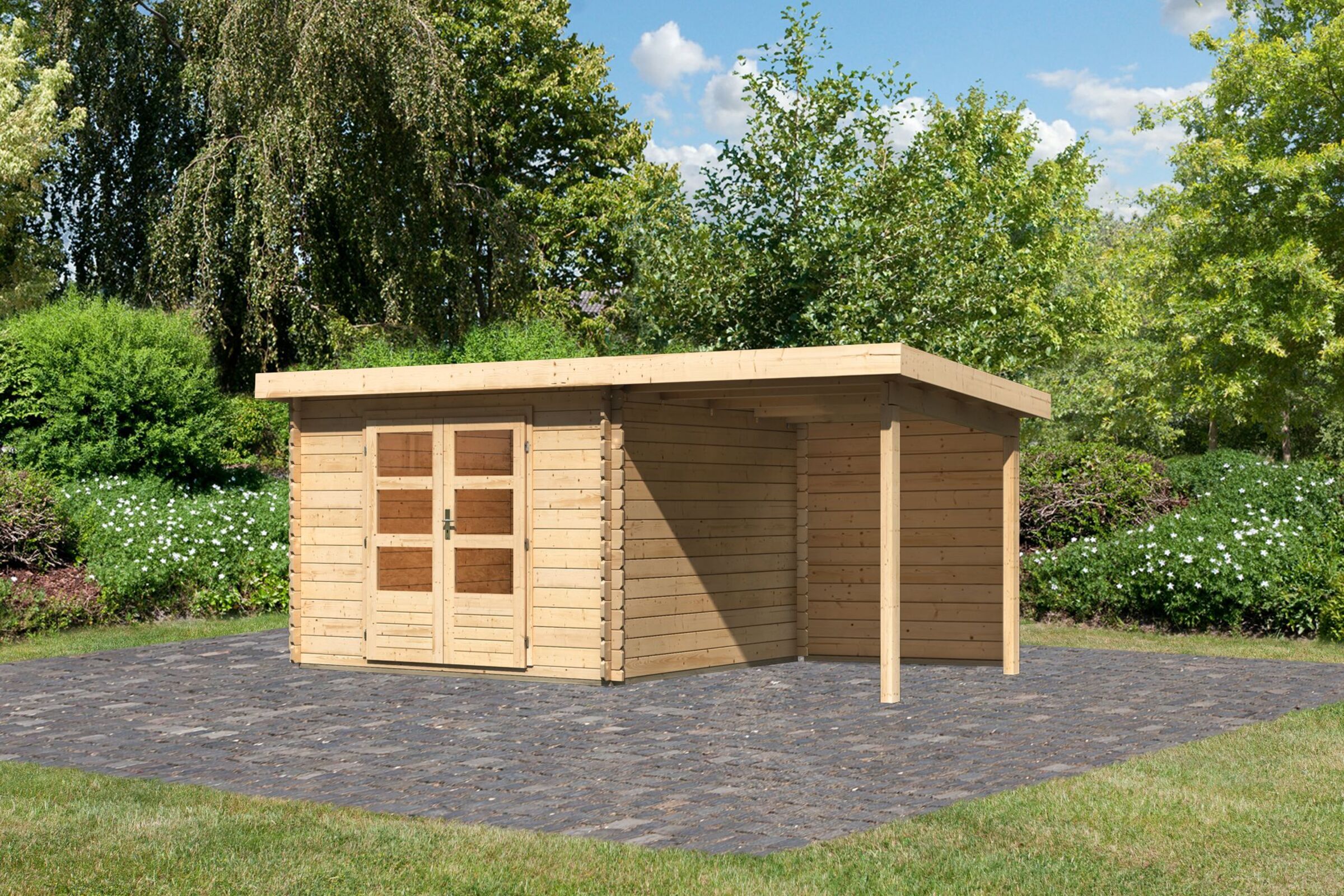 KARIBU Gartenhaus Bastrup5 , naturbelassen, Fichtenholz 28mm, 514,5 x 297 x 222 cm, Pultdach, Anbau 2m mit Rückwand