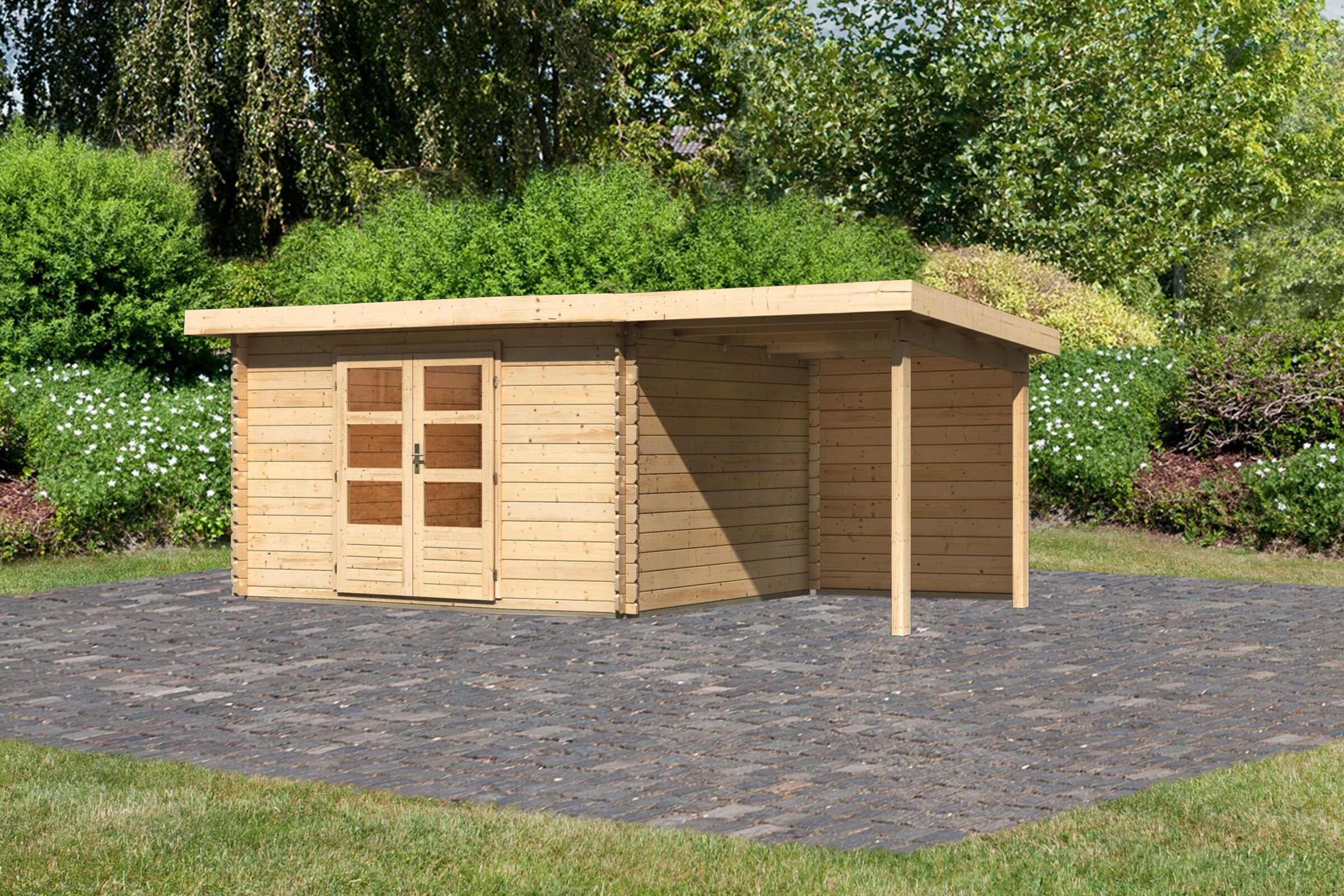 KARIBU Gartenhaus Bastrup7 , naturbelassen, Fichtenholz 28mm, 574,5 x 297 x 222 cm, Pultdach, Anbau 2m mit Rückwand