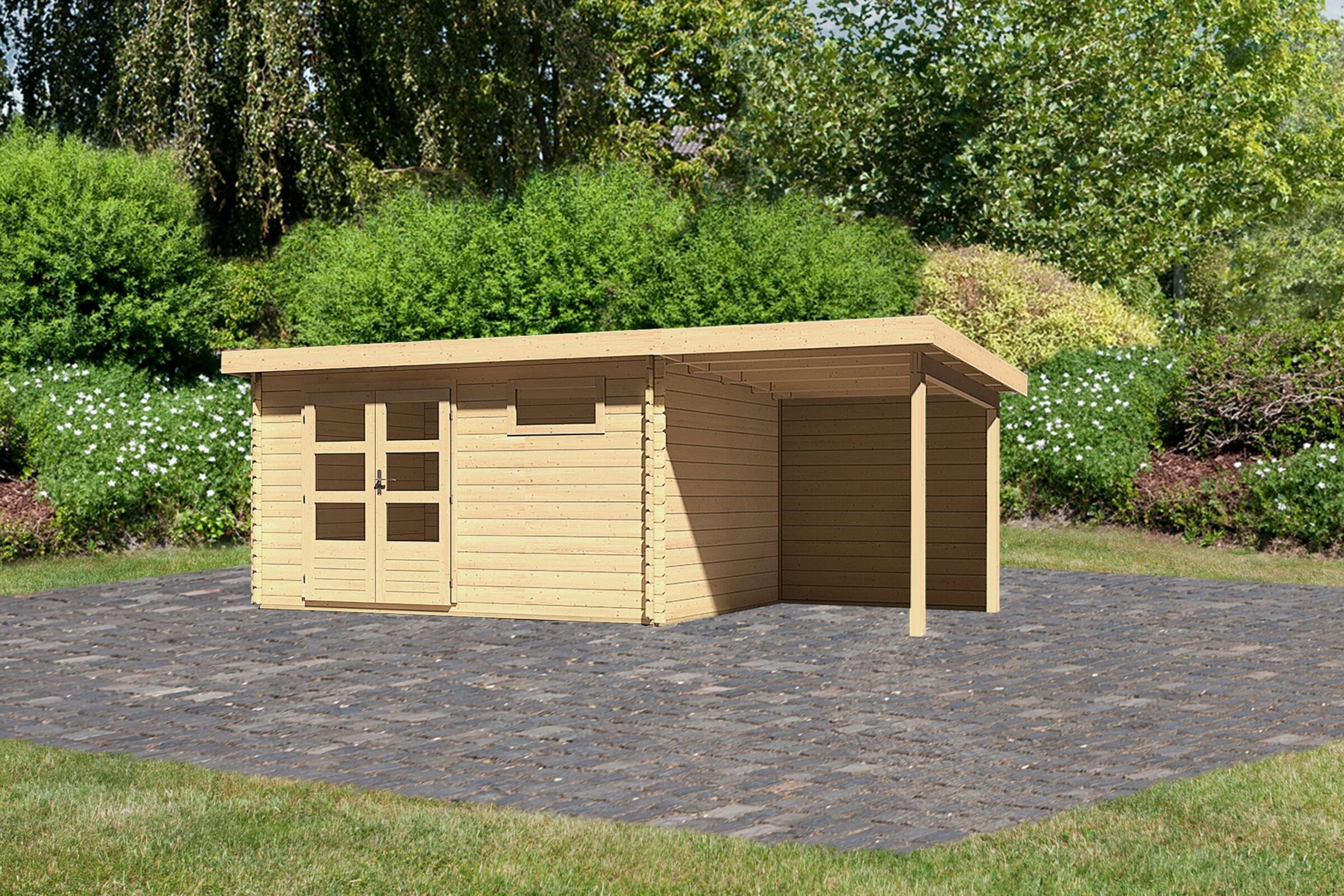 KARIBU Gartenhaus Bastrup8 , naturbelassen, Fichtenholz 28mm, 604,5 x 297 x 222 cm, Pultdach, Anbau 2m mit Rückwand