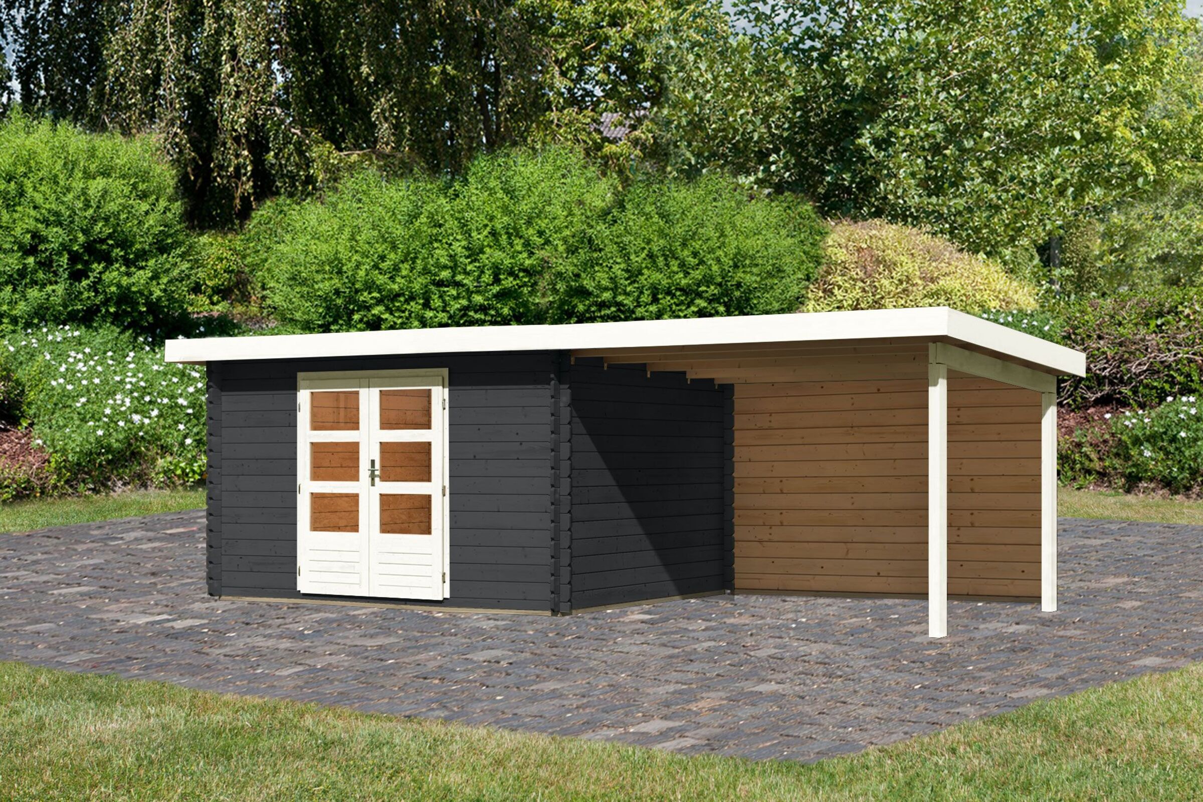 KARIBU Gartenhaus Bastrup 7 , anthrazit, Fichtenholz 28mm, 674 x 297 x 222 cm, Pultdach, Anbau 3m mit Rückwand