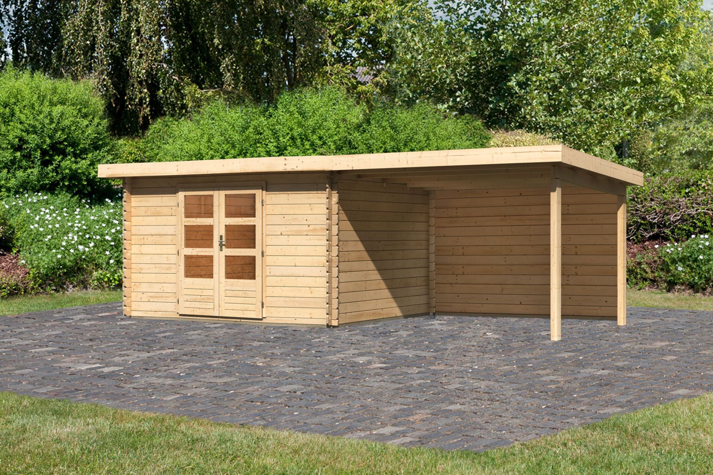 KARIBU Gartenhaus Bastrup 7, naturbelassen, Fichtenholz 28mm, 674,5 x 297 x 222 cm, Pultdach, Anbau 3m mit Rückwand