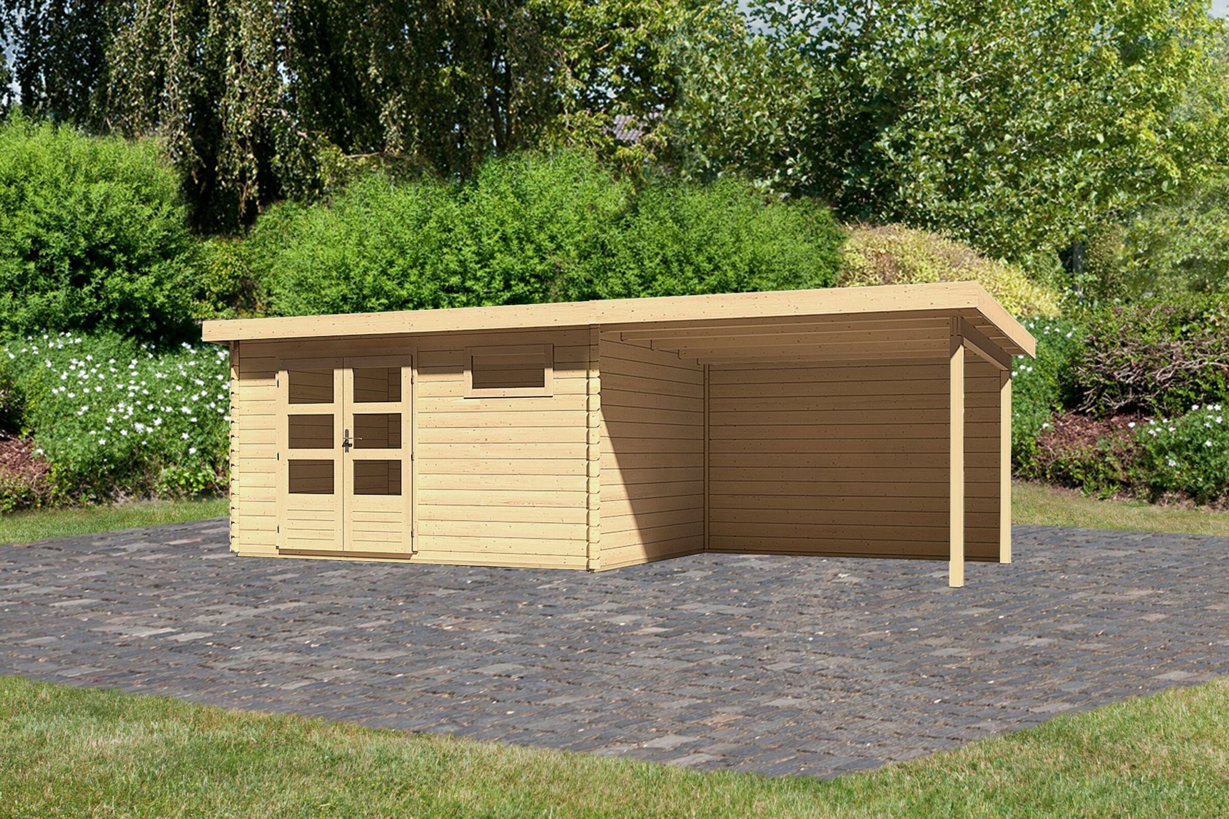 KARIBU Gartenhaus Bastrup 8, naturbelassen, Fichtenholz 28mm, 704,5 x 297 x 222 cm, Pultdach, Anbau 3m mit Rückwand